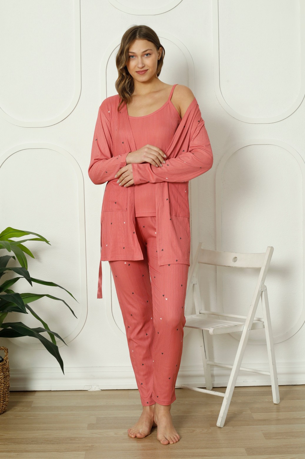 Mirano 1253 Pegasus Kumaş Sabahlıklı Bluzlu 3lü Kalpli Kadın Pijama Takımı