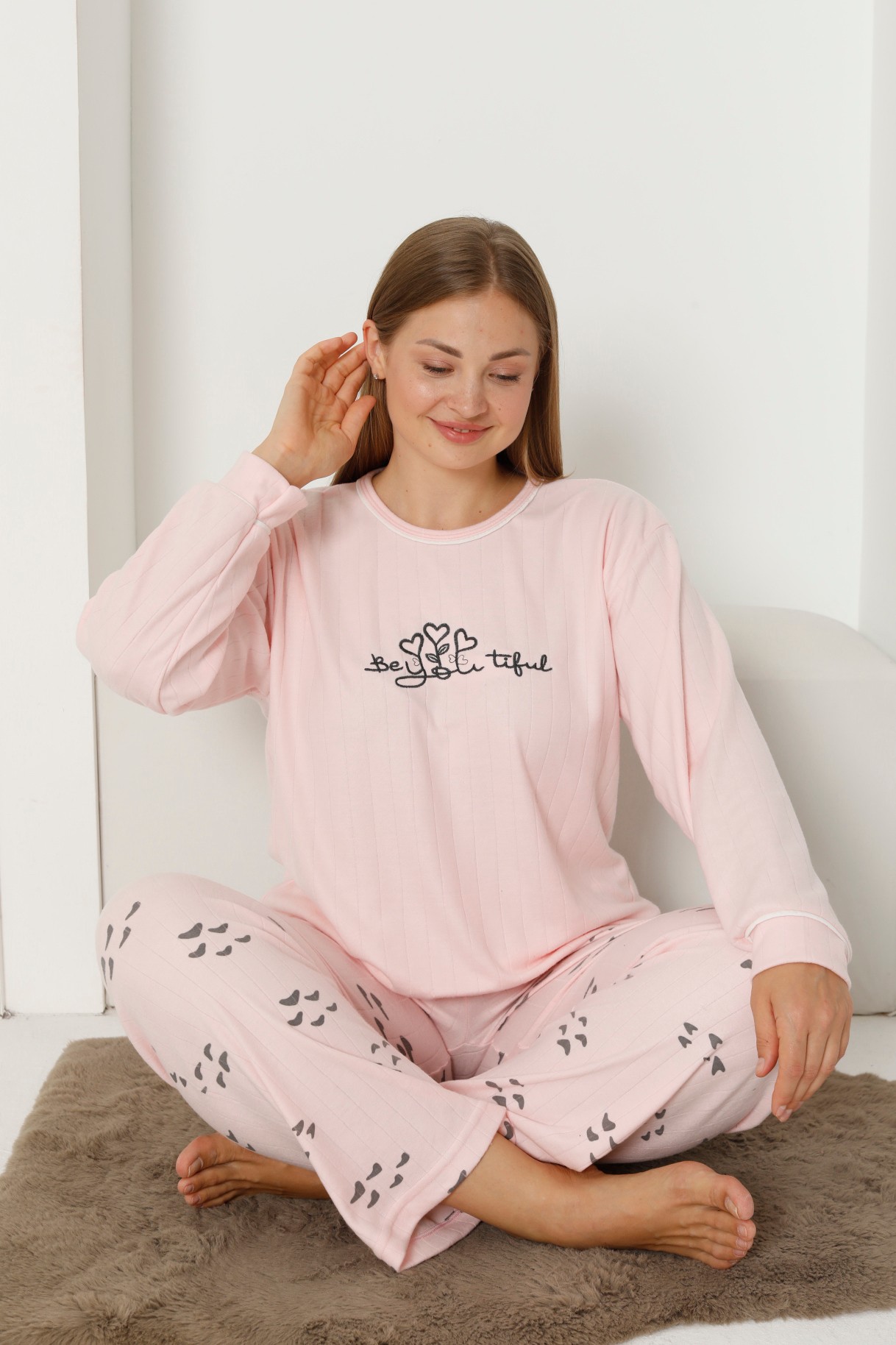 Fawn 3201 İnterlok Ayıcık Nakışlı Kışlık Büyük Beden Kadın Pijama Takımı - Soft Pembe