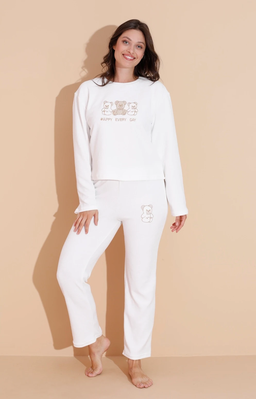 Mirano 9010 Havlu Kumaş Ayıcık Nakışlı Kışlık Kadın Eşofman Pijama Takımı