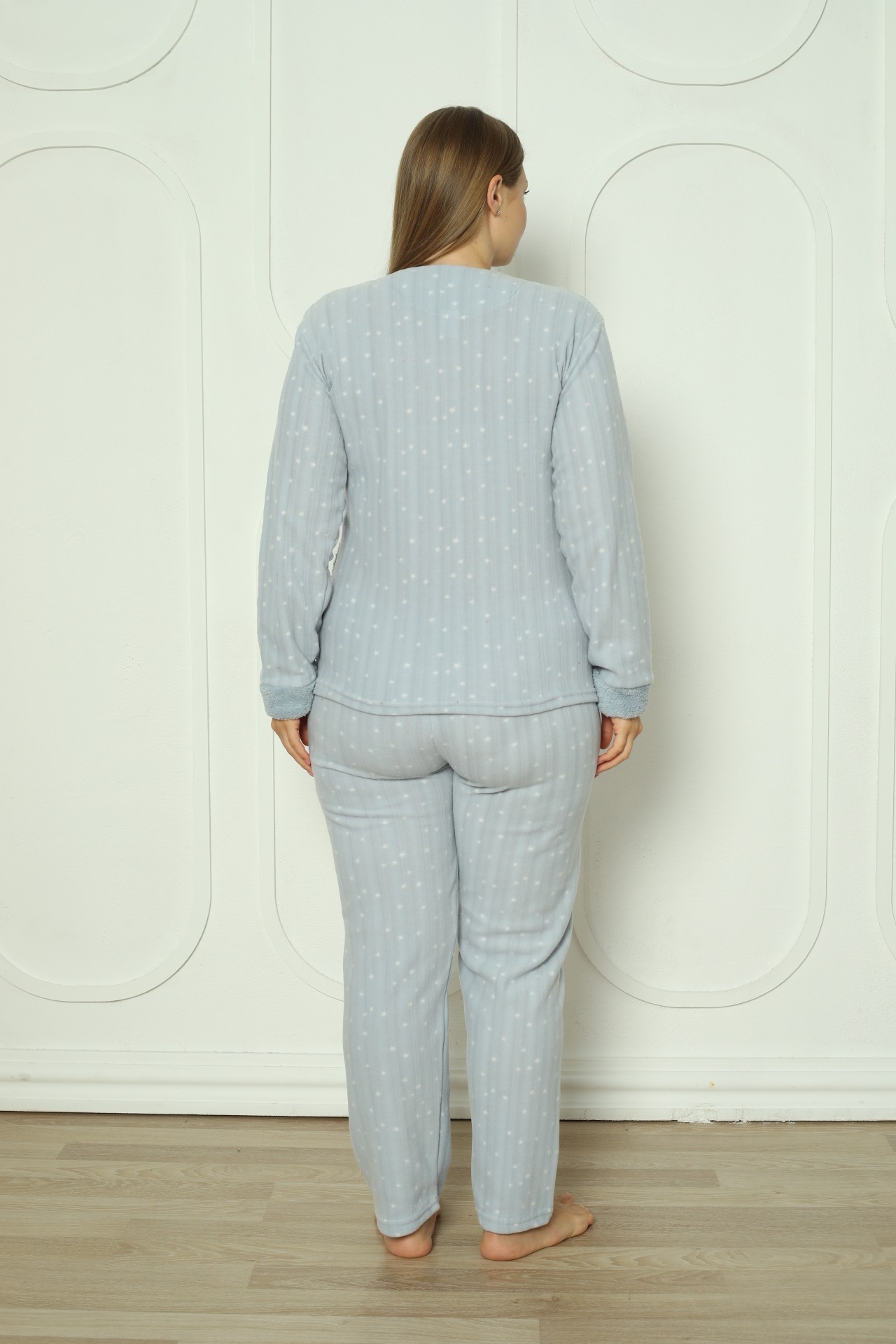 Fawn 3501 Peluş Welsoft Polar Kışlık Bulut Desenli Büyük Beden Kadın Pijama Takımı - Mavi