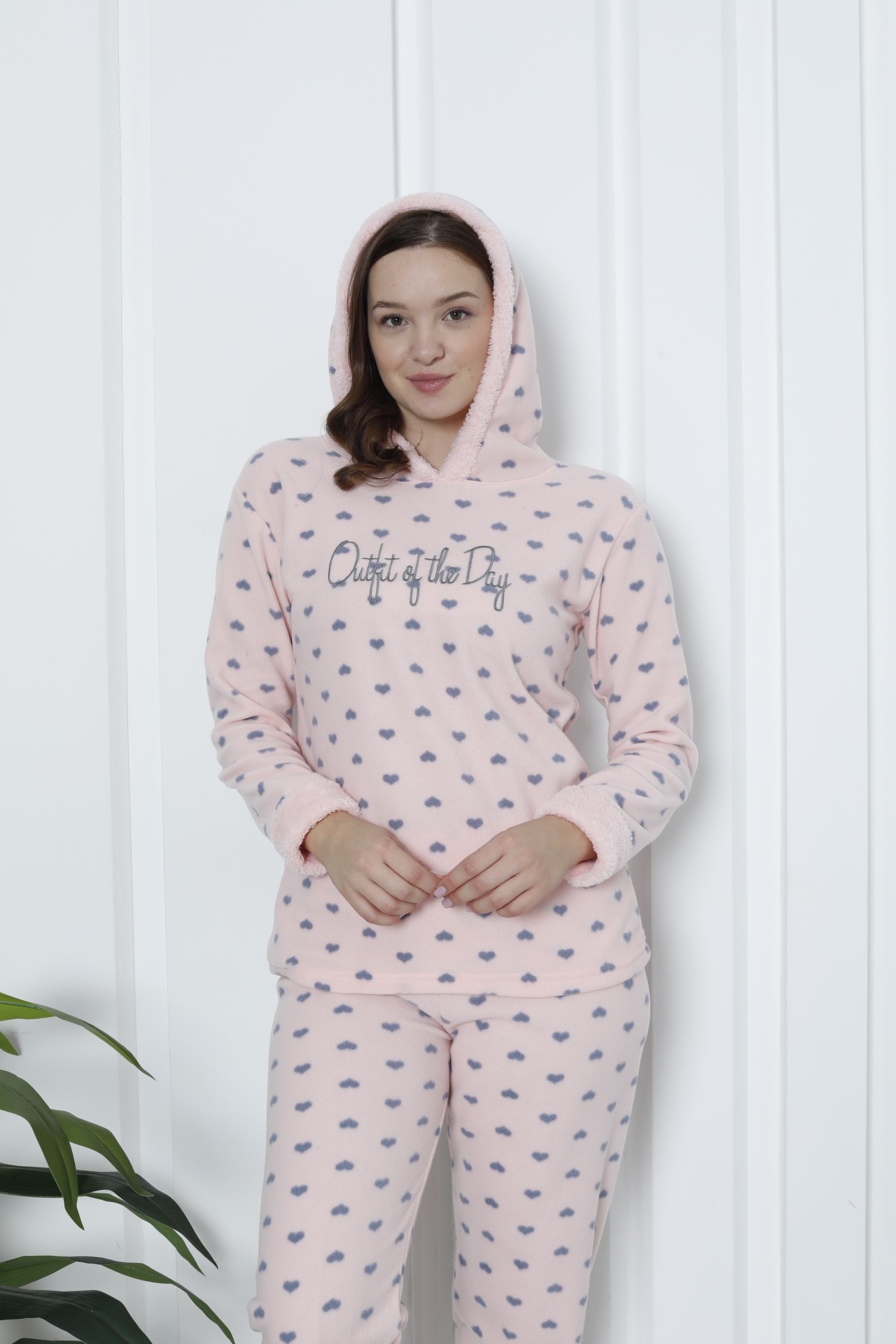 Fawn 3903 Peluş Welsoft Polar Kışlık Kapşonlu Kadın Pijama Takımı - Soft Pembe