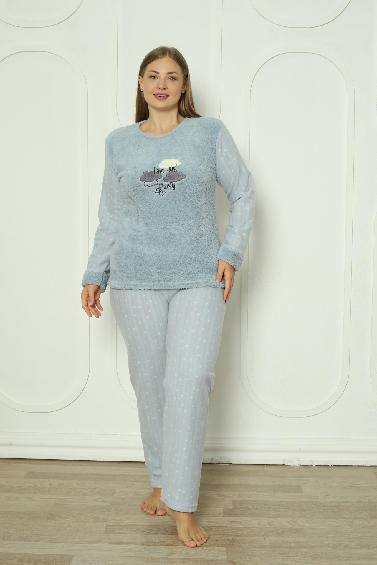 Fawn 3501 Peluş Welsoft Polar Kışlık Bulut Desenli Büyük Beden Kadın Pijama Takımı - Mavi
