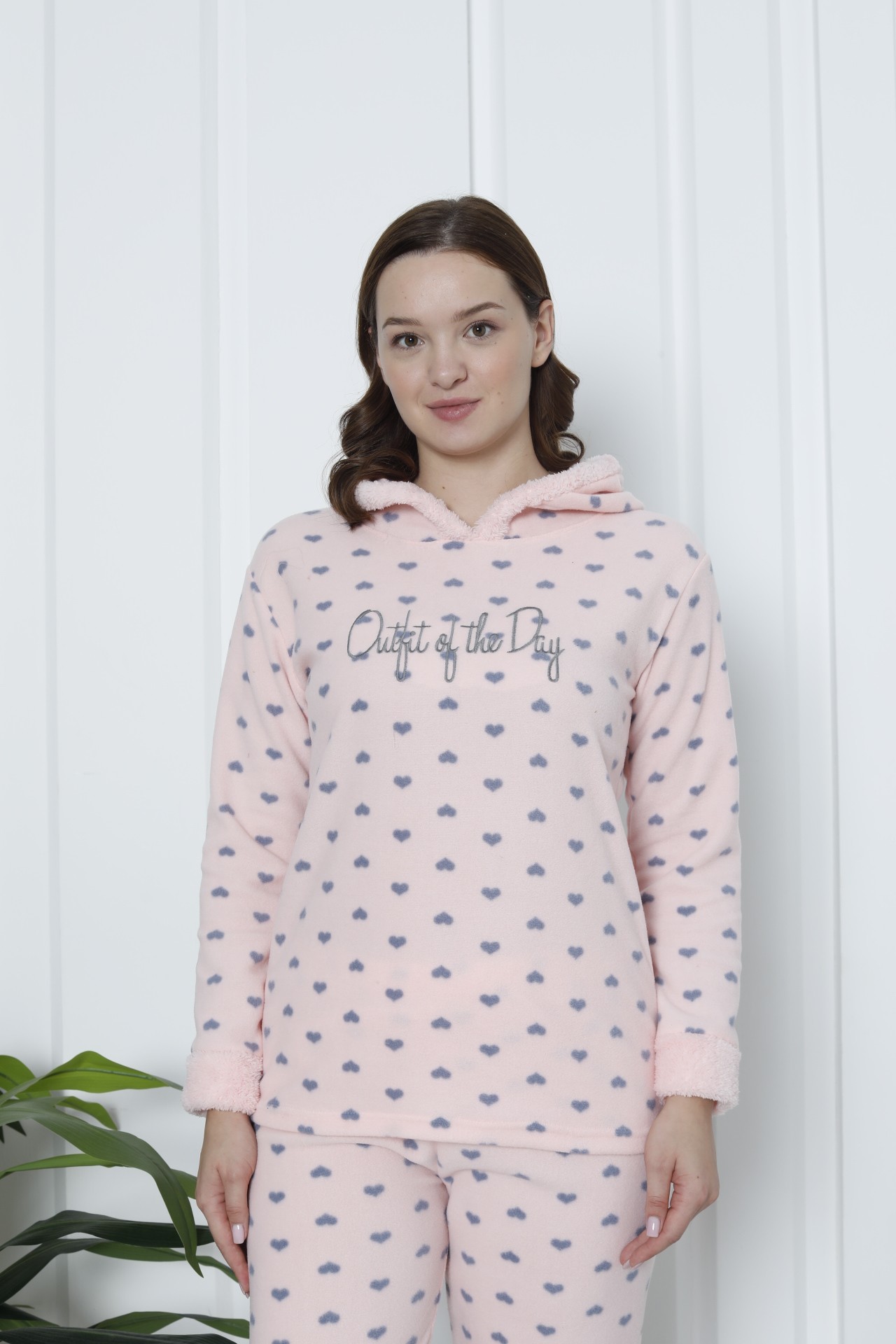 Fawn 3903 Peluş Welsoft Polar Kışlık Kapşonlu Kadın Pijama Takımı - Soft Pembe