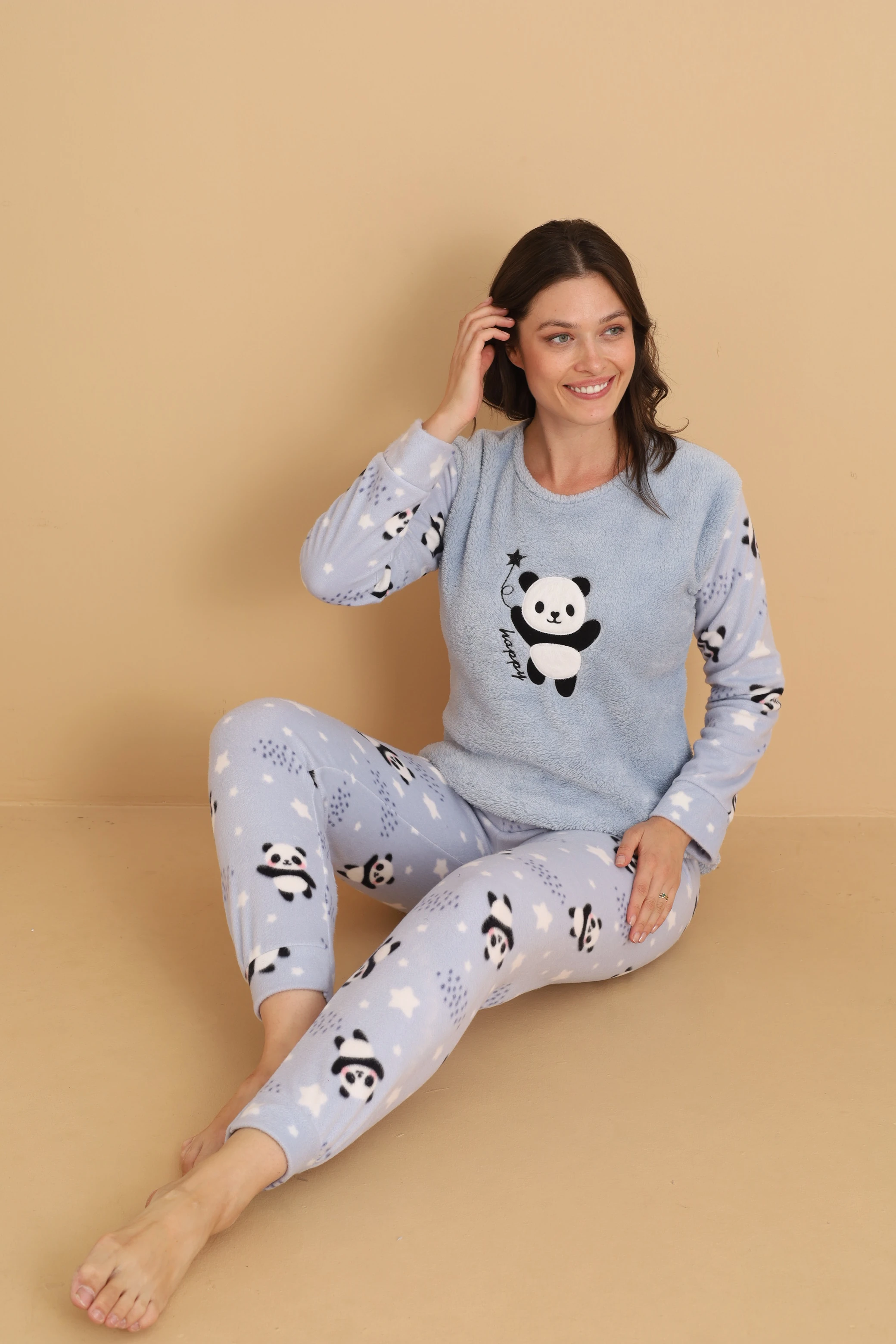 Fawn 1204 Peluş Welsoft Polar Kışlık Yumoş Ayıcıklı Kadın Pijama Takımı