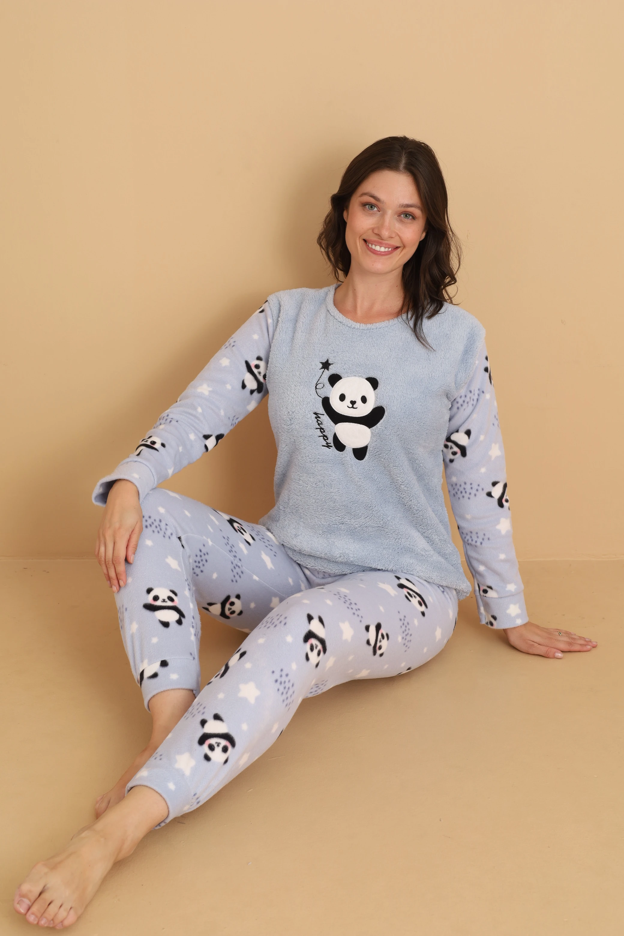 Fawn 1204 Peluş Welsoft Polar Kışlık Yumoş Ayıcıklı Kadın Pijama Takımı