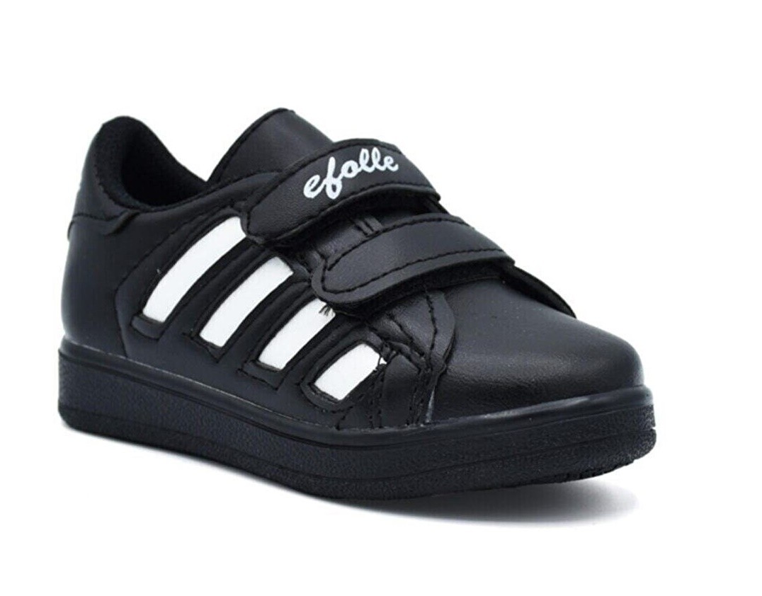 Efolle Unisex Cırtlı Çocuk Spor Ayakkabı 4 Bant Sneaker Ayakkabı - Siyah-Beyaz-Siyah