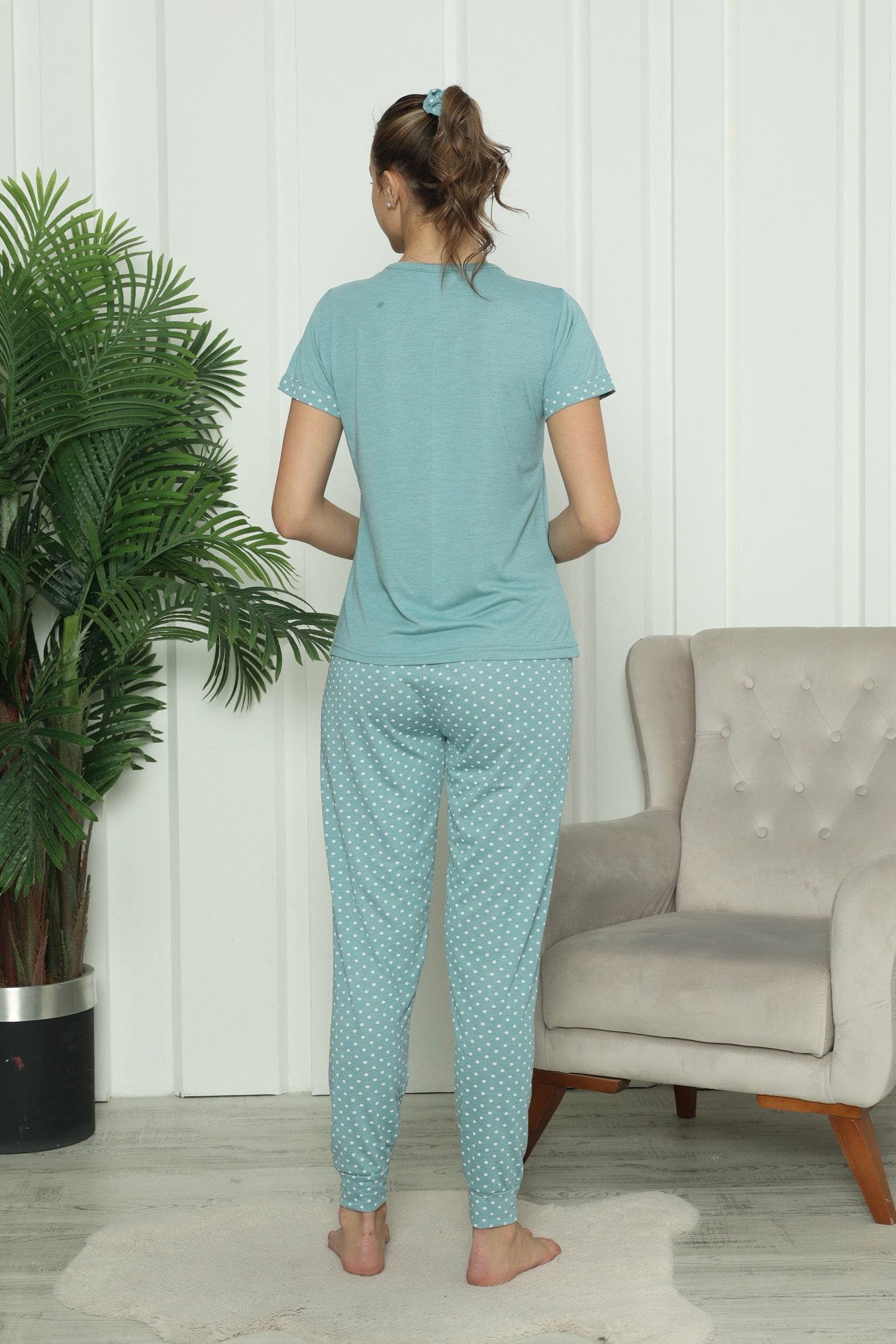 Mirano 7402 Viskon Kısa Kollu Kalp Desenli Kadın Pijama Takımı Saç Tokalı