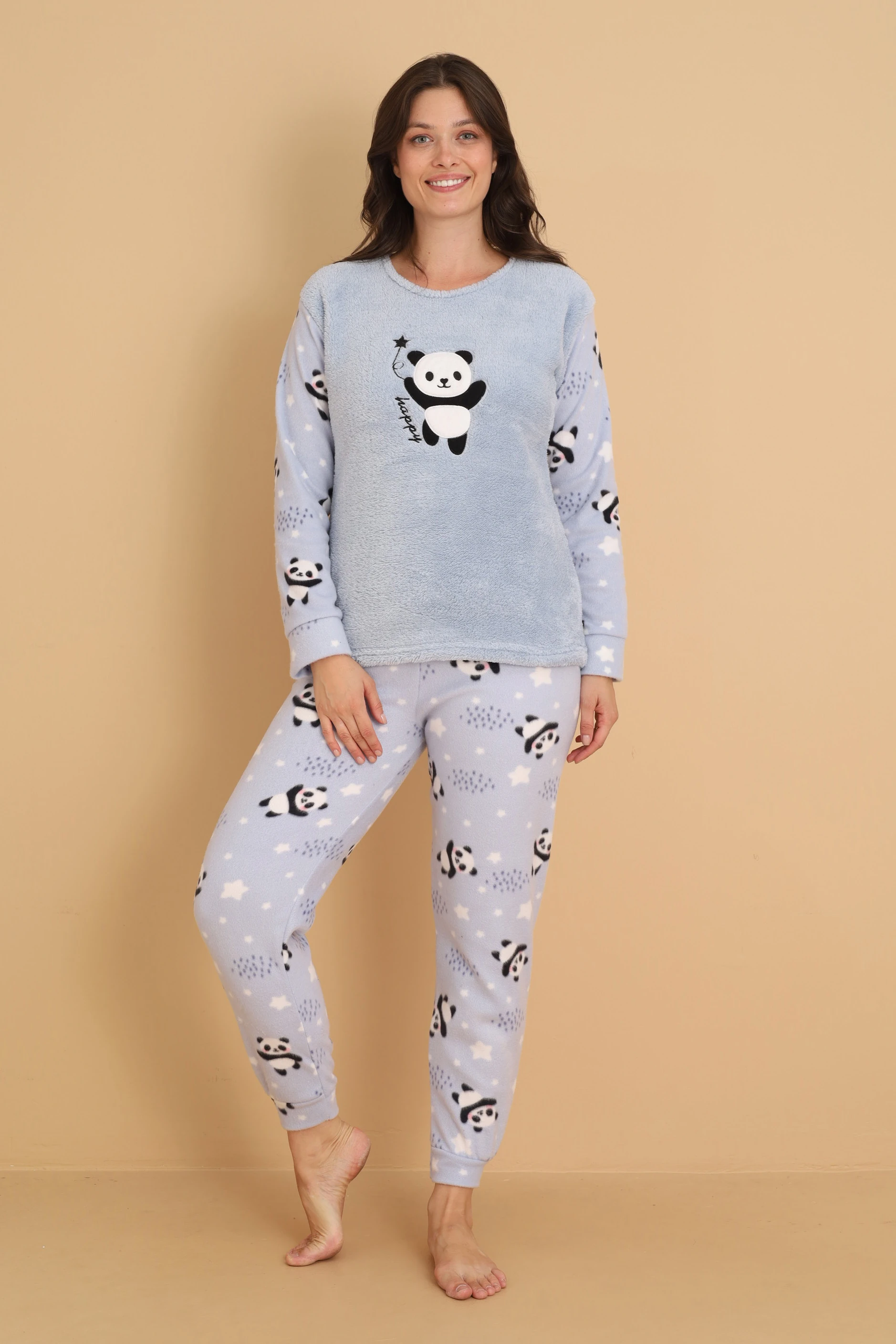 Fawn 1204 Peluş Welsoft Polar Kışlık Yumoş Ayıcıklı Kadın Pijama Takımı