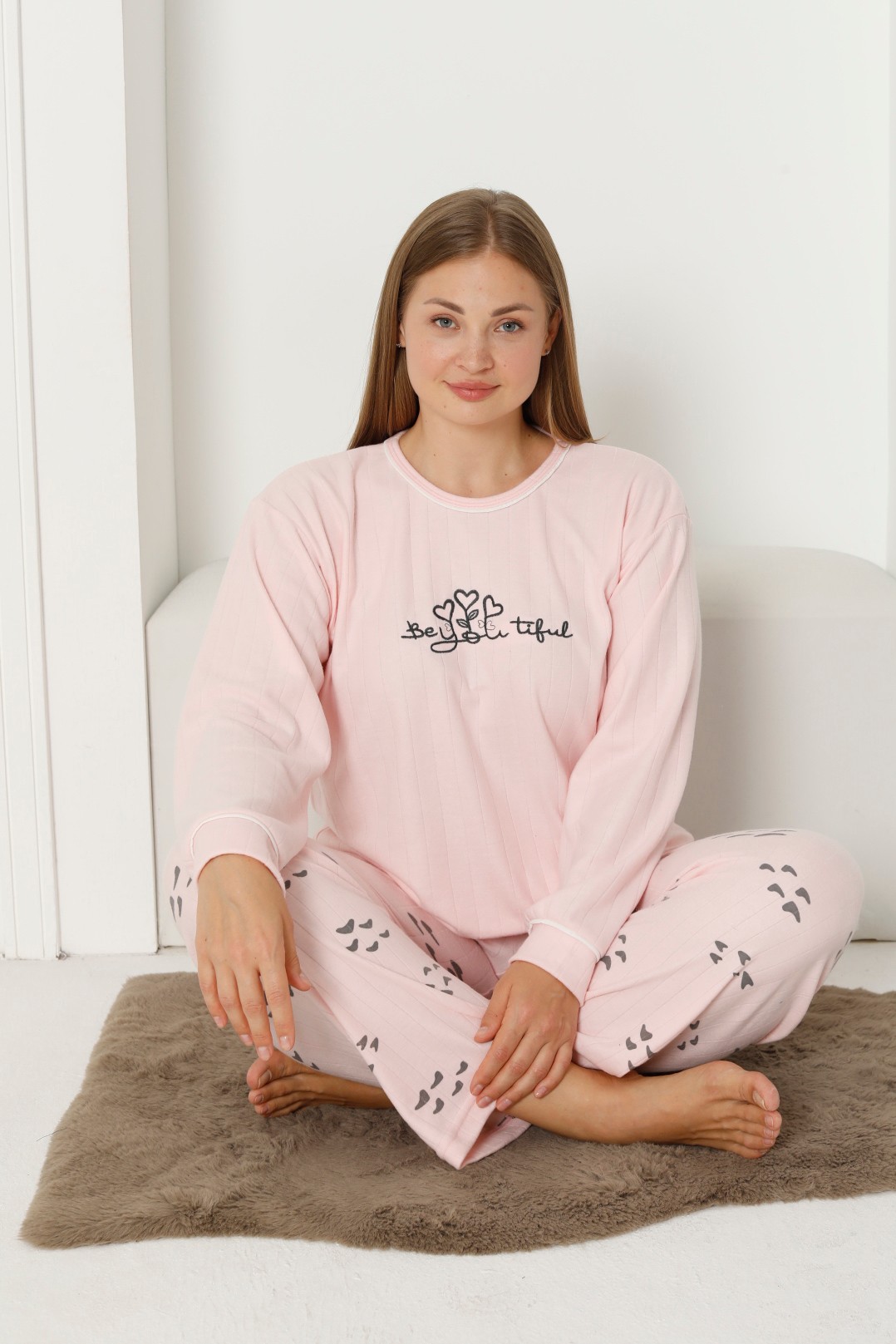 Fawn 3201 İnterlok Ayıcık Nakışlı Kışlık Büyük Beden Kadın Pijama Takımı - Soft Pembe