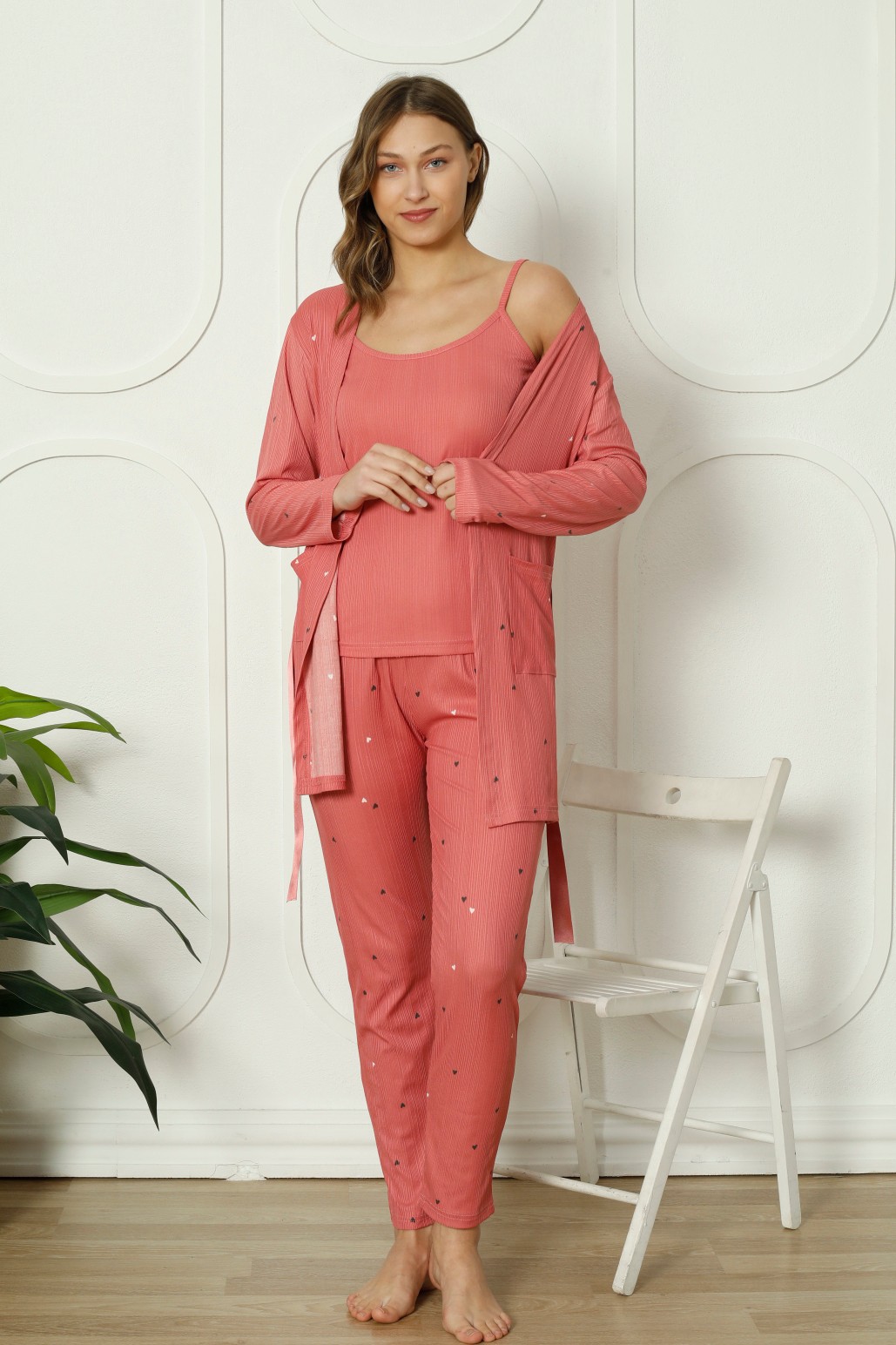 Mirano 1253 Pegasus Kumaş Sabahlıklı Bluzlu 3lü Kalpli Kadın Pijama Takımı - Gül Kurusu