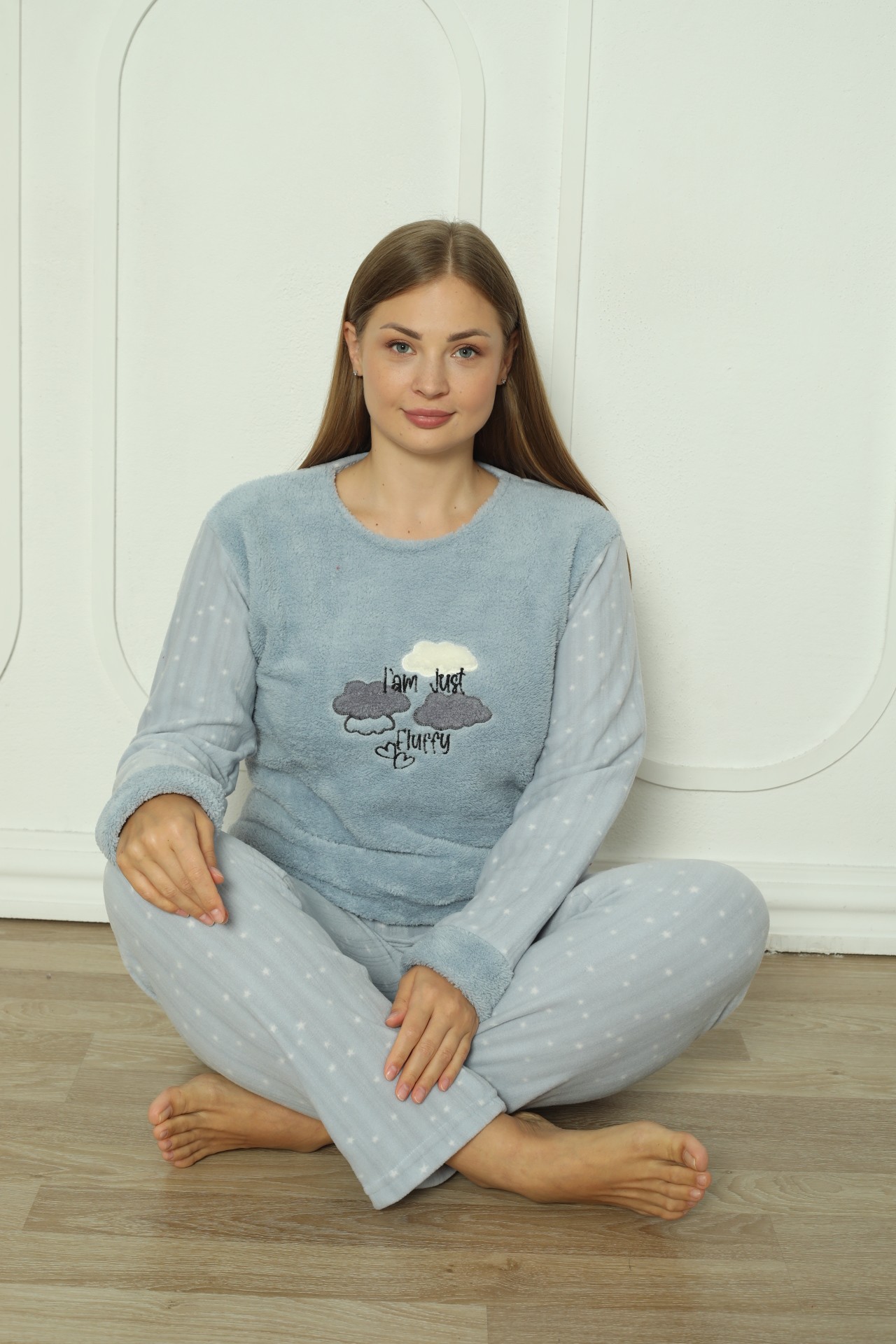 Fawn 3501 Peluş Welsoft Polar Kışlık Bulut Desenli Büyük Beden Kadın Pijama Takımı - Mavi