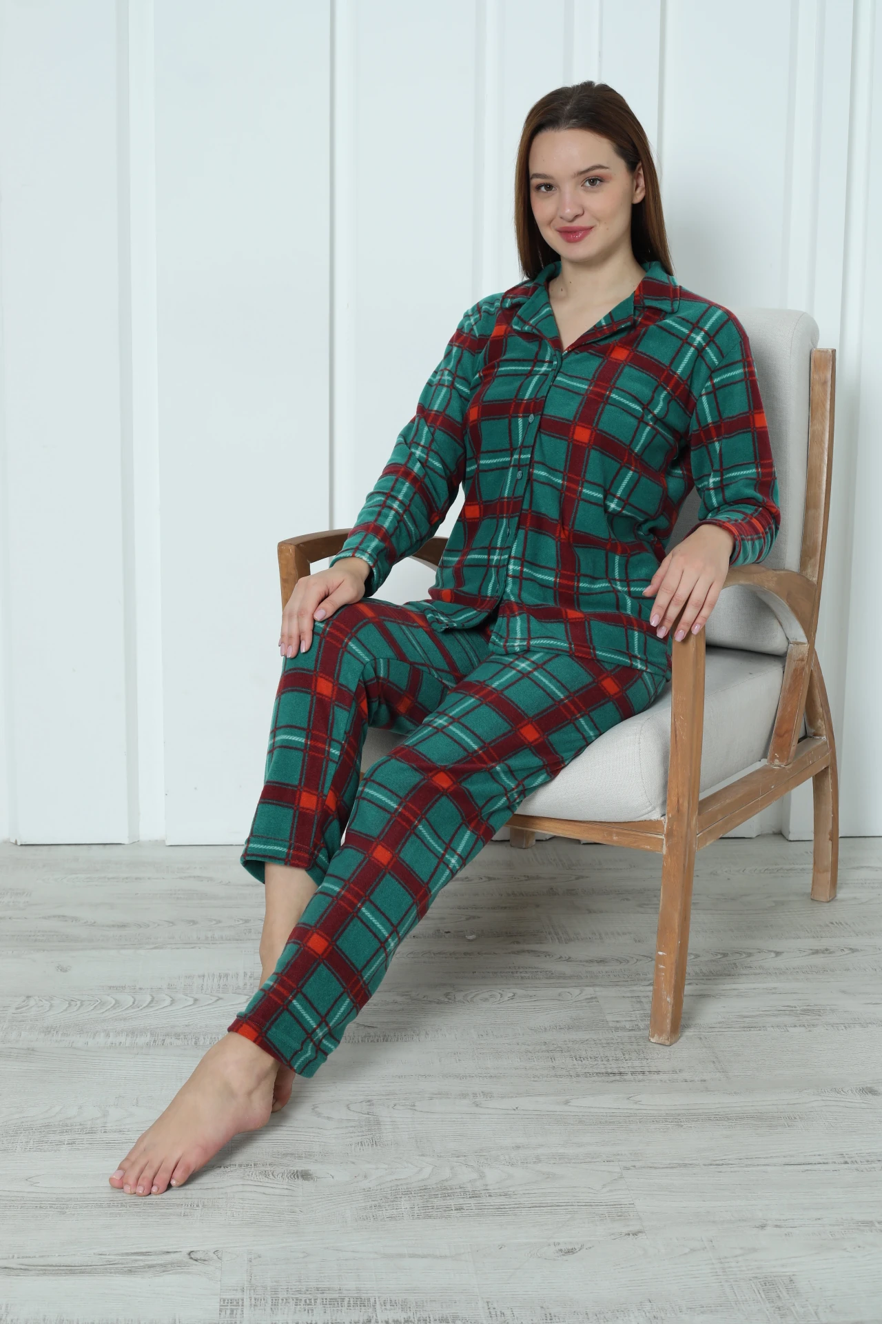 Fawn 3957 Boydan Düğmeli Polar Kışlık Kadın Pijama Takımı