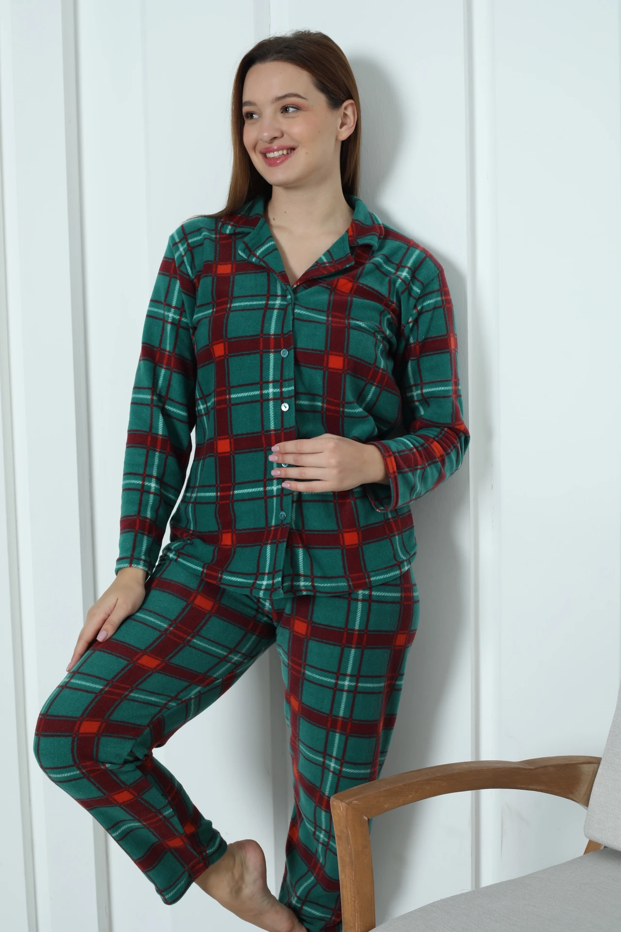 Fawn 3957 Boydan Düğmeli Polar Kışlık Kadın Pijama Takımı