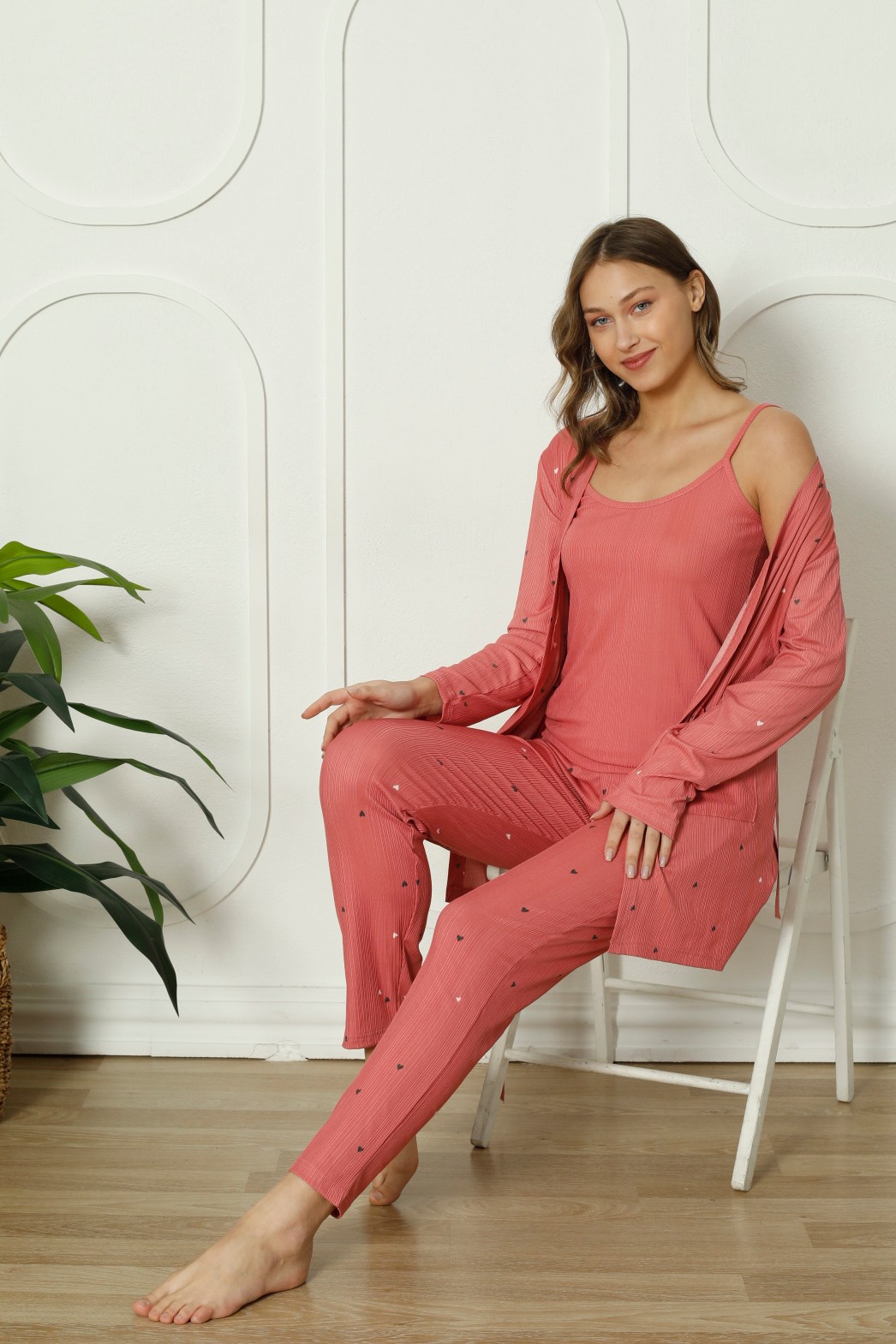 Mirano 1253 Pegasus Kumaş Sabahlıklı Bluzlu 3lü Kalpli Kadın Pijama Takımı