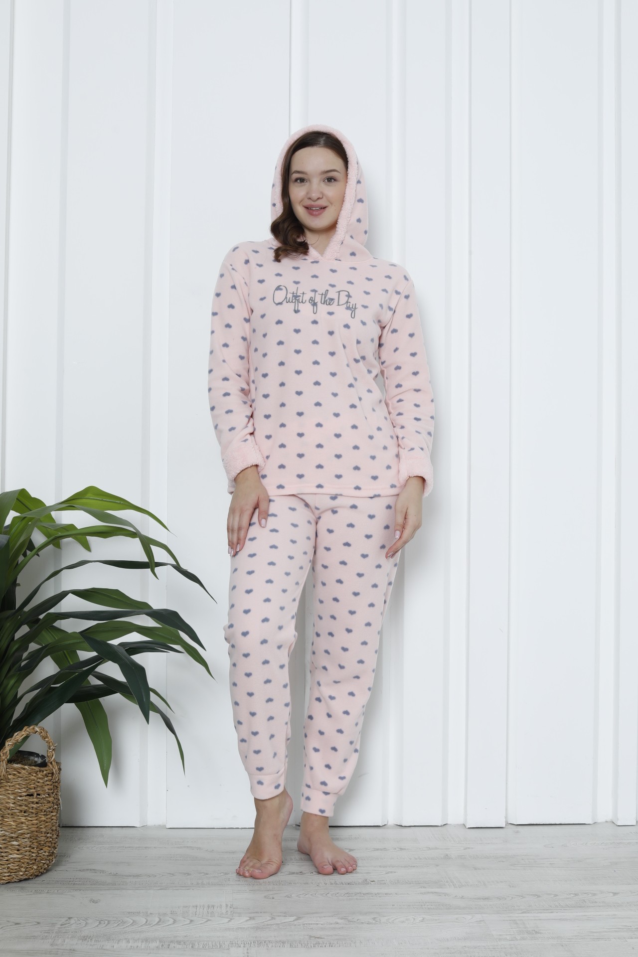 Fawn 3903 Peluş Welsoft Polar Kışlık Kapşonlu Kadın Pijama Takımı - Soft Pembe