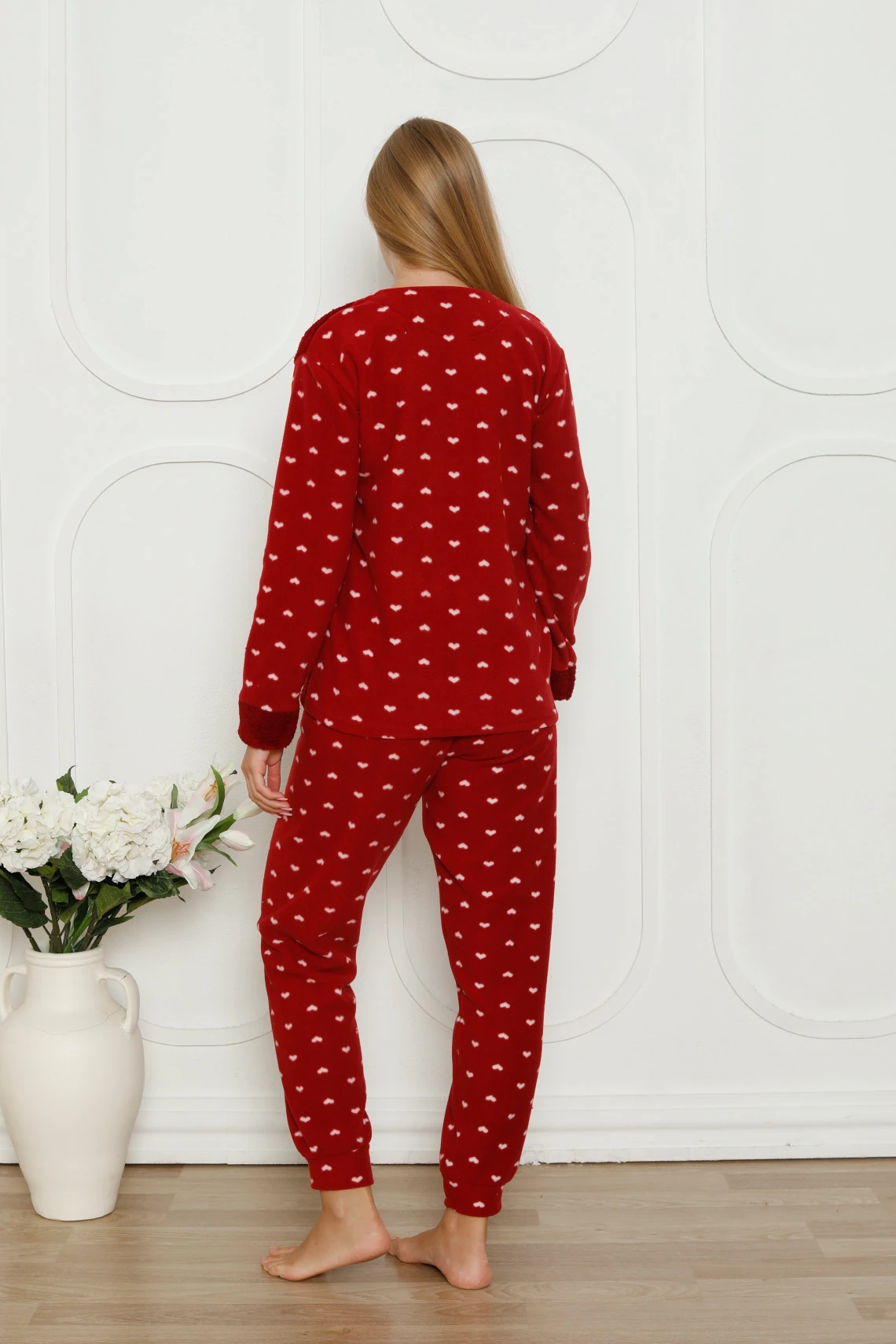 Fawn 3316 Peluş Welsoft Polar Kışlık Yumoş Kalpli Kadın Pijama Takımı