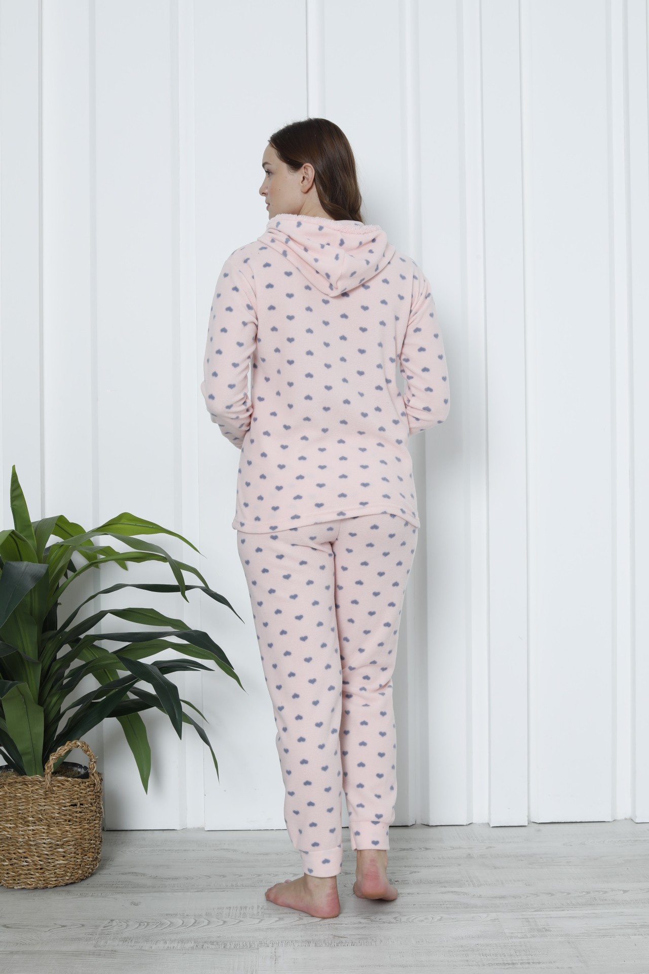 Fawn 3903 Peluş Welsoft Polar Kışlık Kapşonlu Kadın Pijama Takımı - Soft Pembe