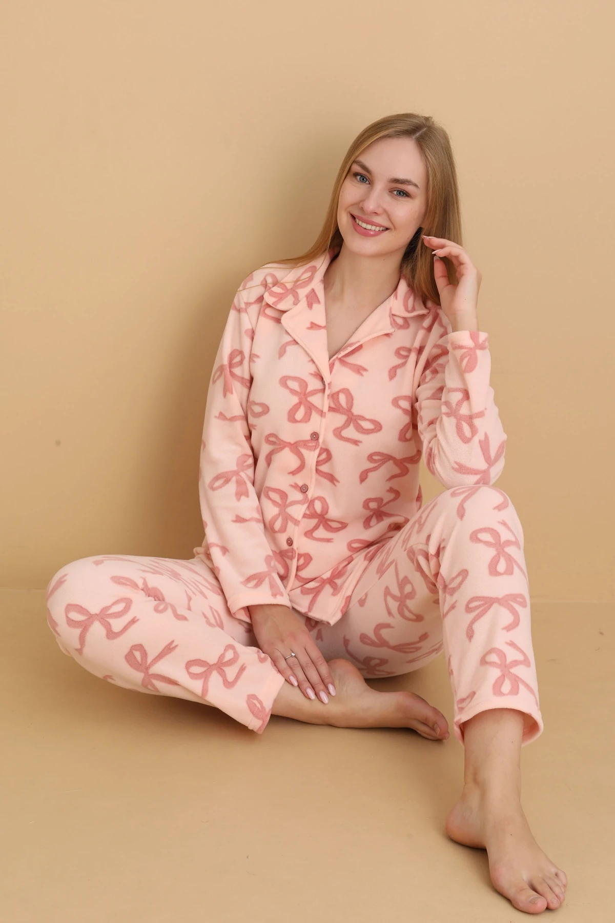 Fawn 1608 Boydan Düğmeli Polar Kumaşlı Kışlık Kadın Pijama Takımı