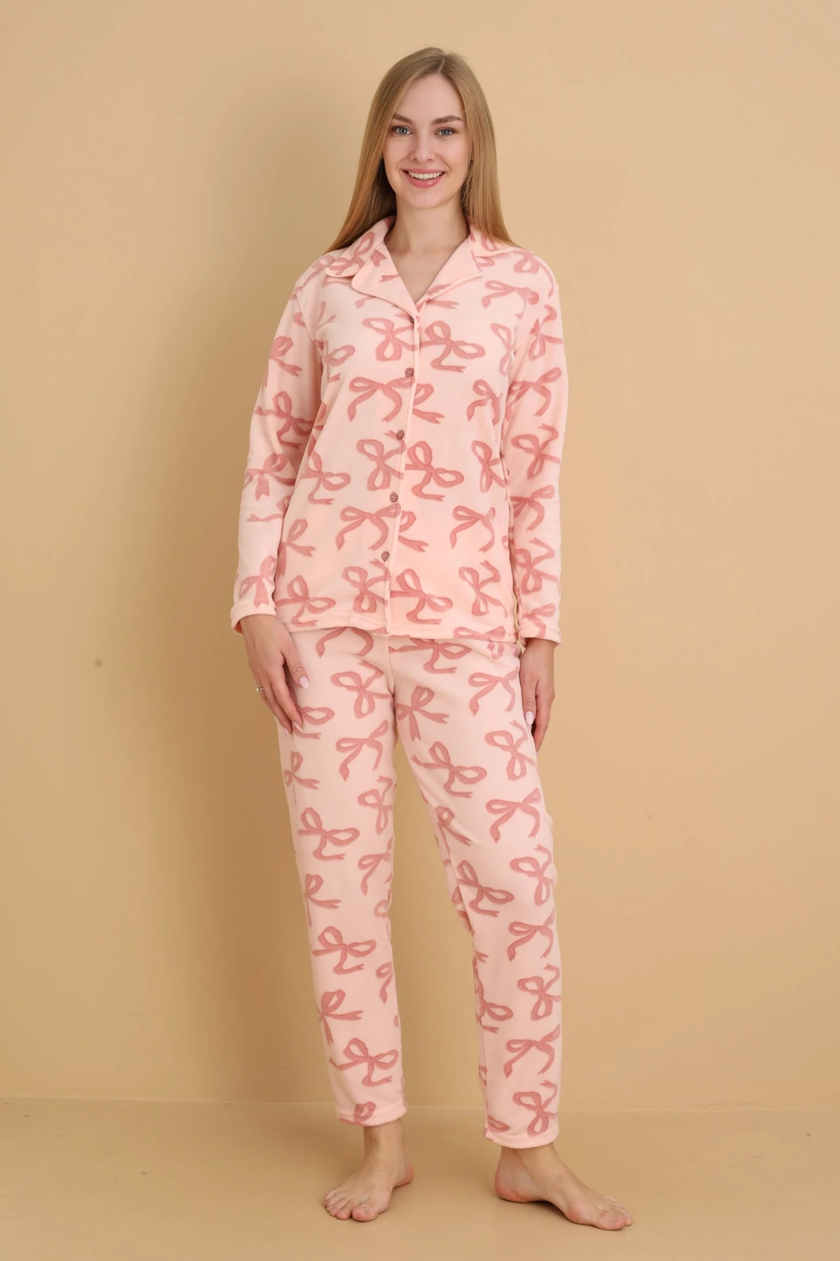 Fawn 1608 Boydan Düğmeli Polar Kumaşlı Kışlık Kadın Pijama Takımı