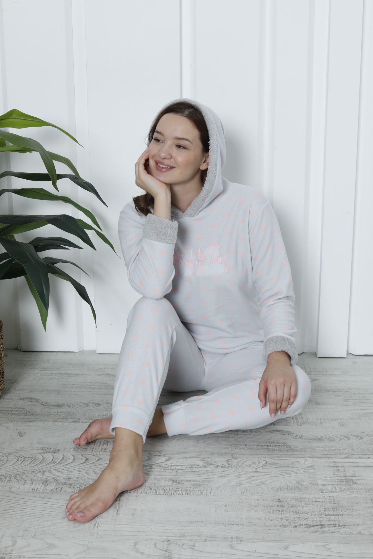 Fawn 3903 Peluş Welsoft Polar Kışlık Kapşonlu Kadın Pijama Takımı - Açık Gri