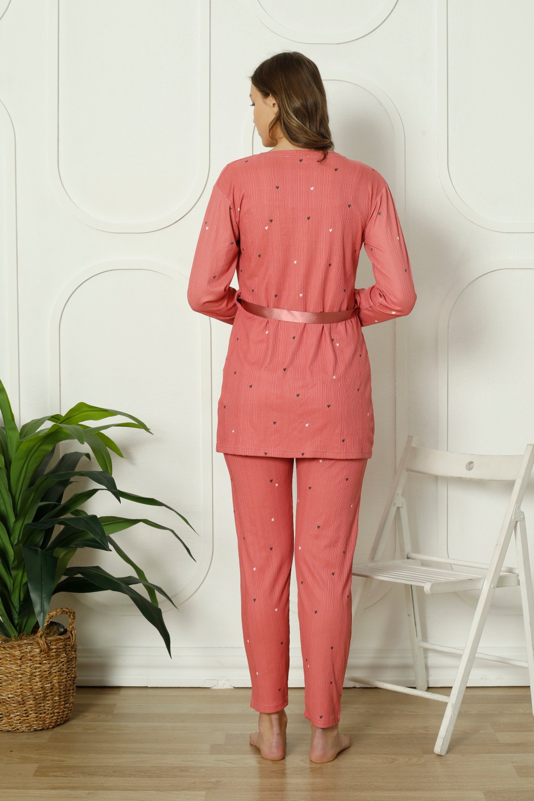 Mirano 1253 Pegasus Kumaş Sabahlıklı Bluzlu 3lü Kalpli Kadın Pijama Takımı