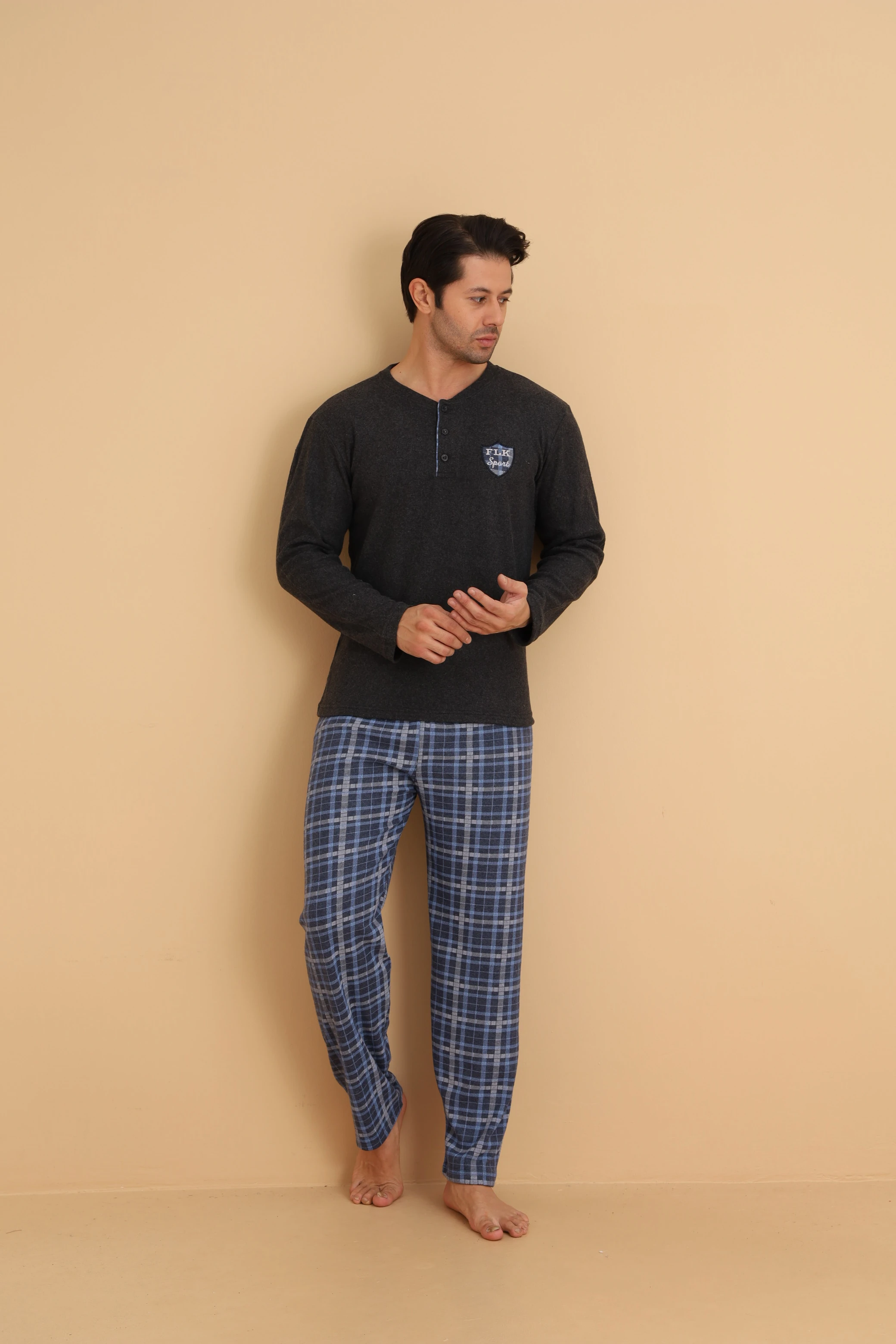 Falkon 7015 İnterlok Kışlık Ekose Pijamalı Erkek Pijama Takımı