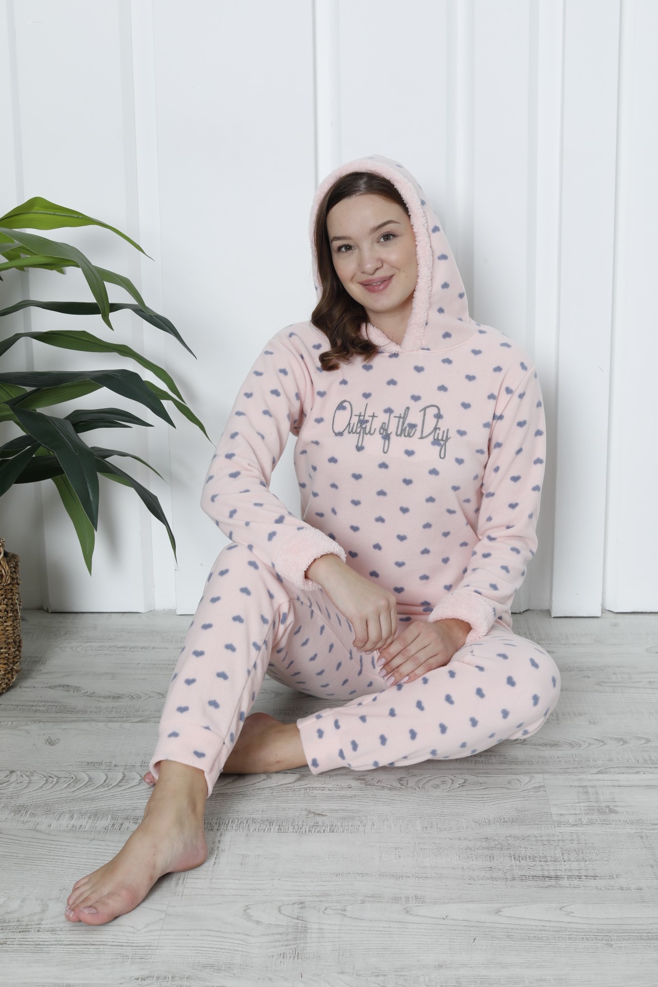 Fawn 3903 Peluş Welsoft Polar Kışlık Kapşonlu Kadın Pijama Takımı - Soft Pembe