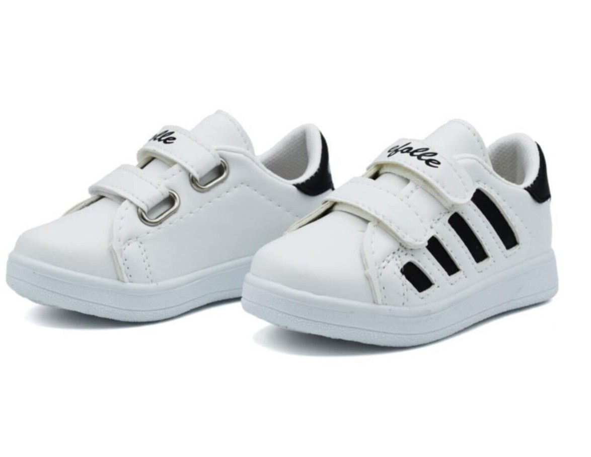 Efolle Unisex Cırtlı Çocuk Spor Ayakkabı 4 Bant Sneaker Ayakkabı - Beyaz-Siyah-Beyaz