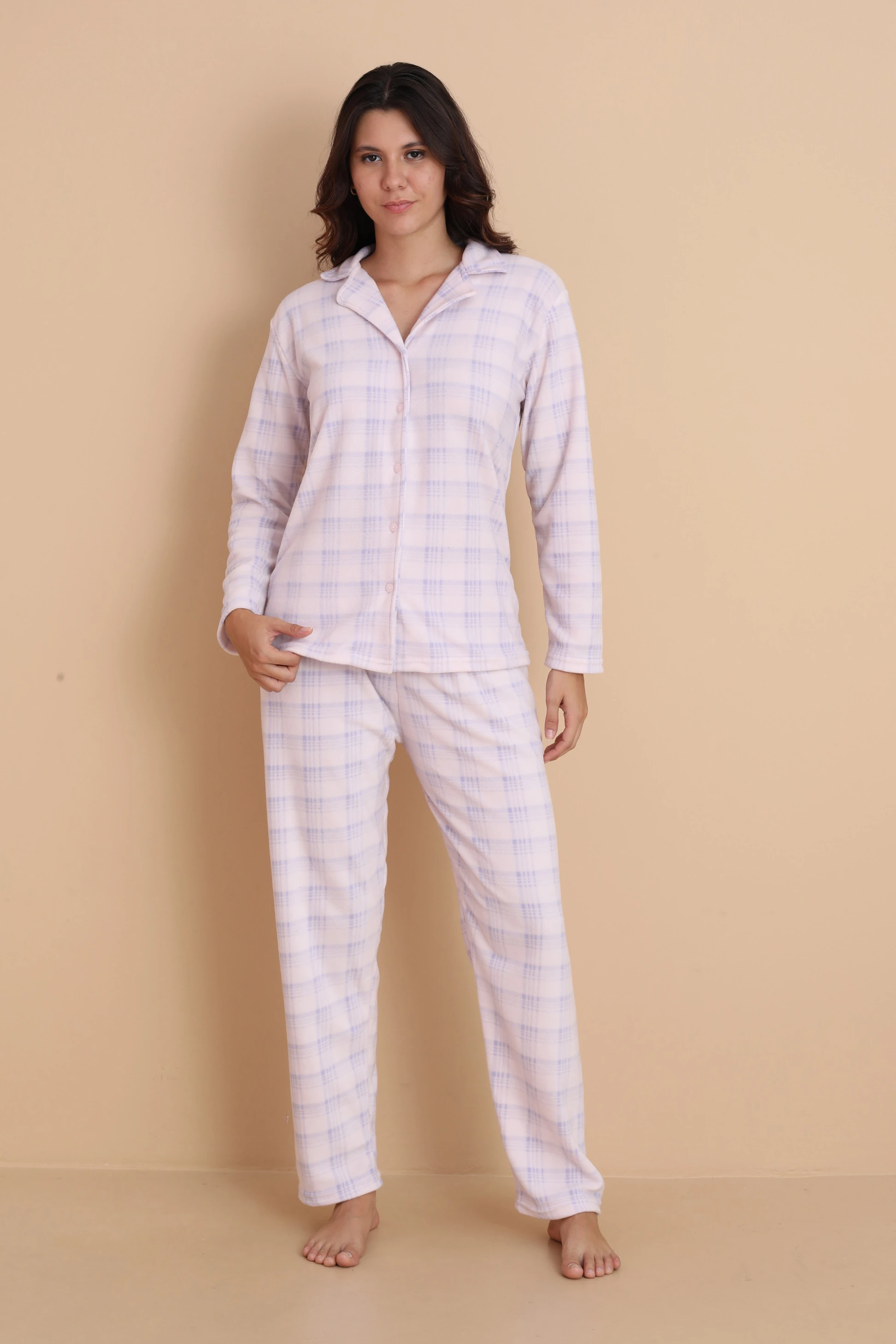 Fawn 1604 Boydan Düğmeli Polar Kışlık Kadın Pijama Takımı