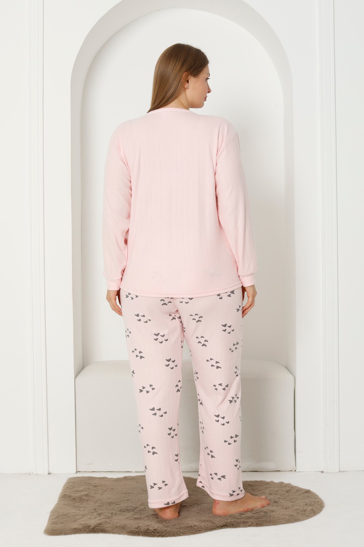 Fawn 3201 İnterlok Ayıcık Nakışlı Kışlık Büyük Beden Kadın Pijama Takımı - Soft Pembe