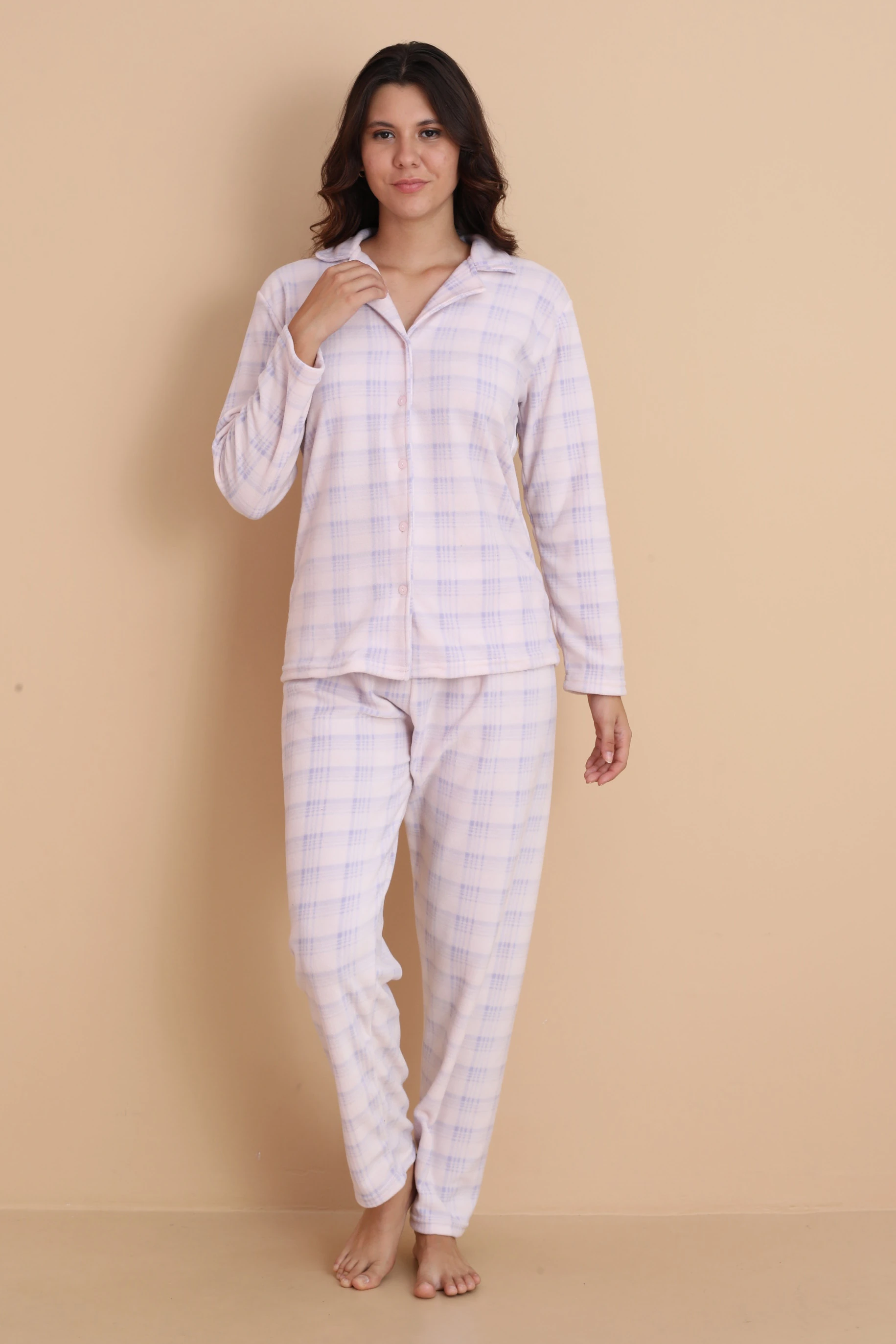 Fawn 1604 Boydan Düğmeli Polar Kışlık Kadın Pijama Takımı