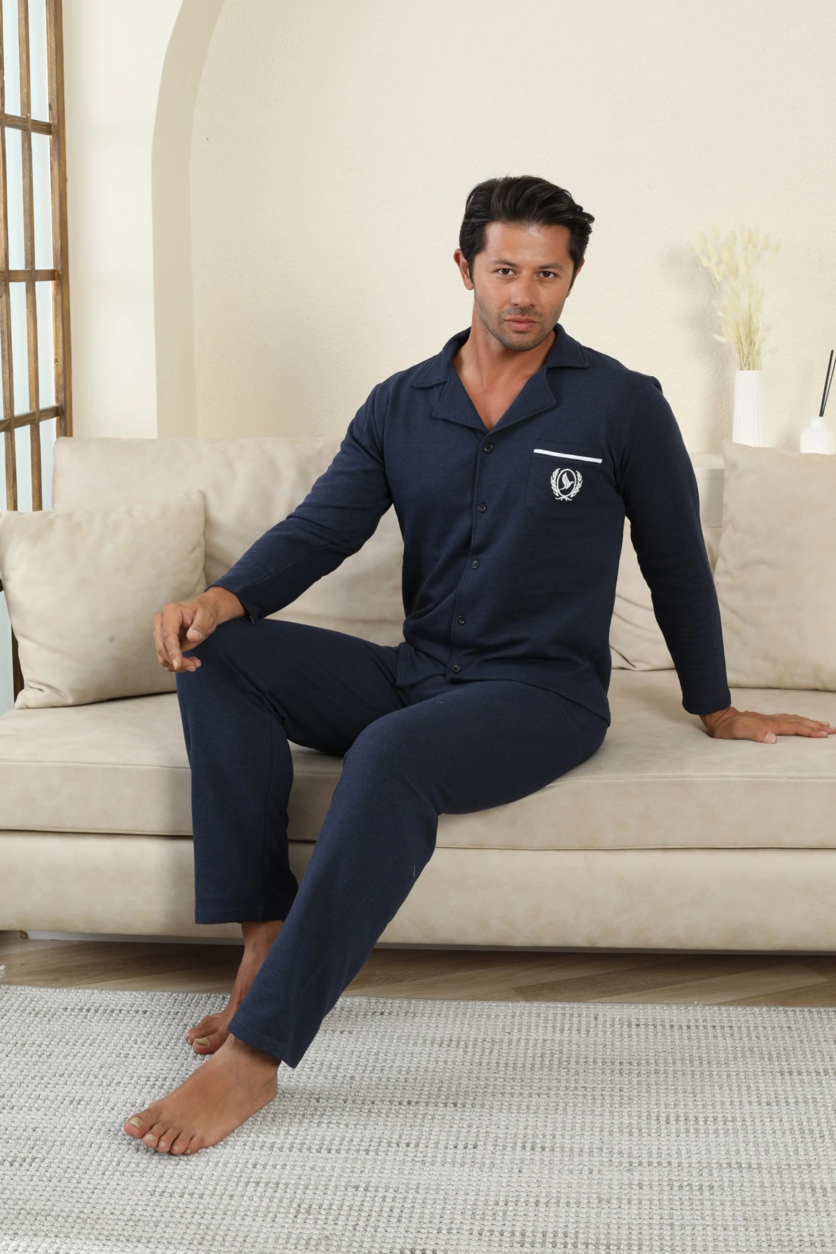 Falkom 7000 Boydan Düğmeli Kışlık İki İplik Kalın Kumaş Erkek Ev Pijama Takımı