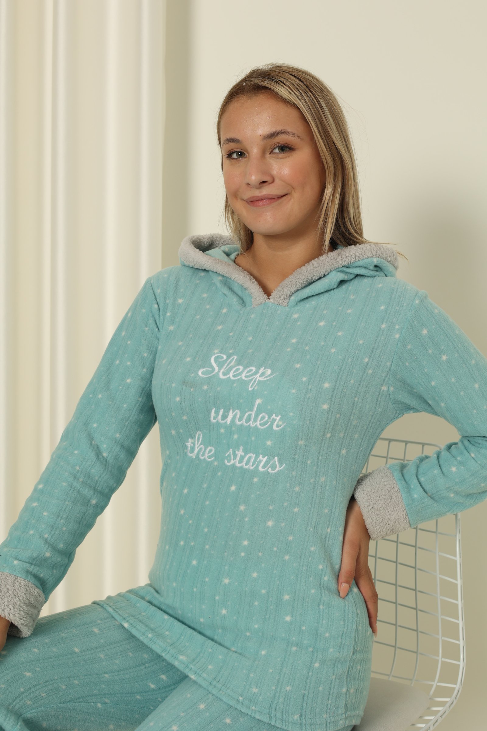 Fawn 3900 Peluş Welsoft Polar Kışlık Kapşonlu Kadın Pijama Takımı - Yeşil