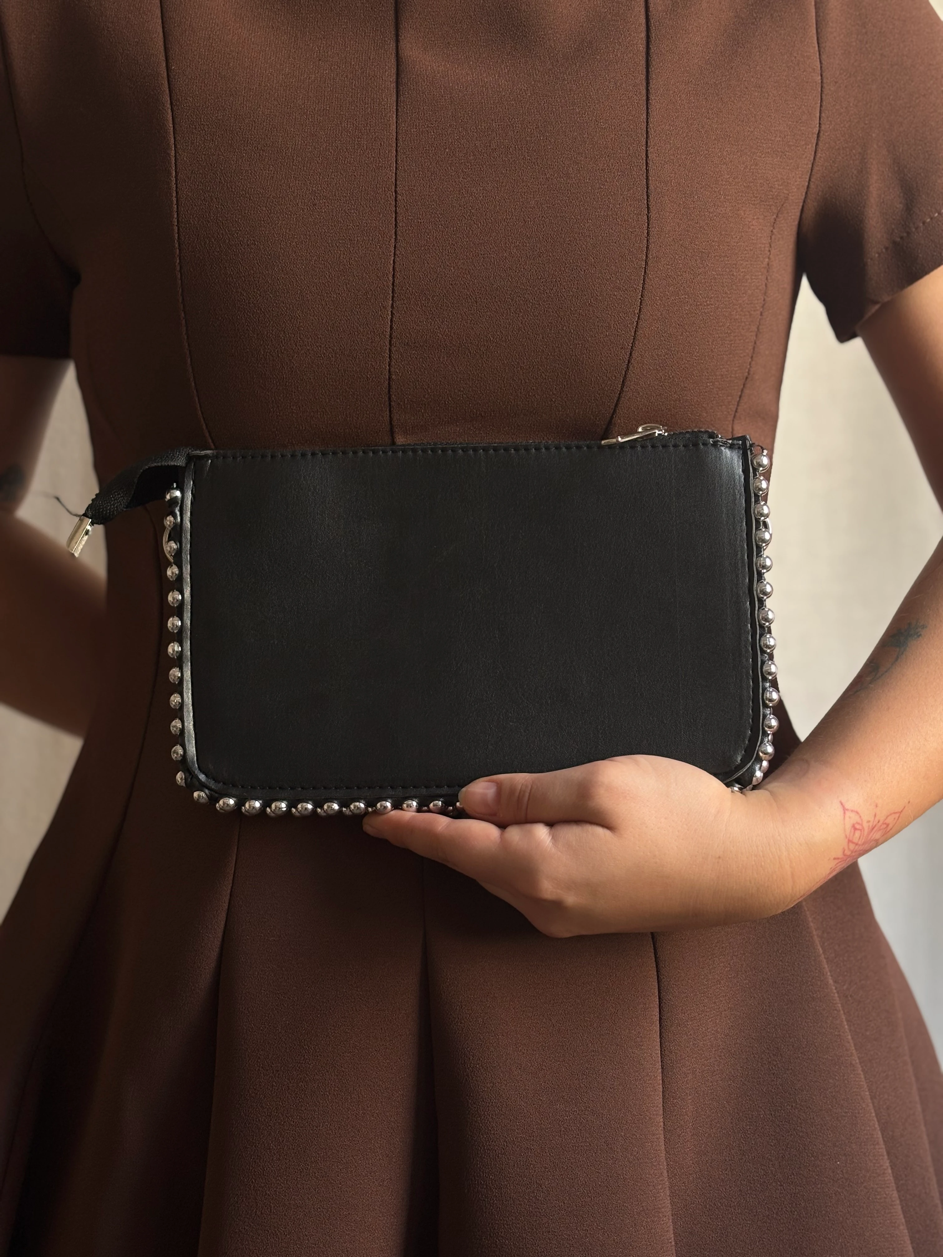 Taşlı Küçük Deri Çanta - Siyah