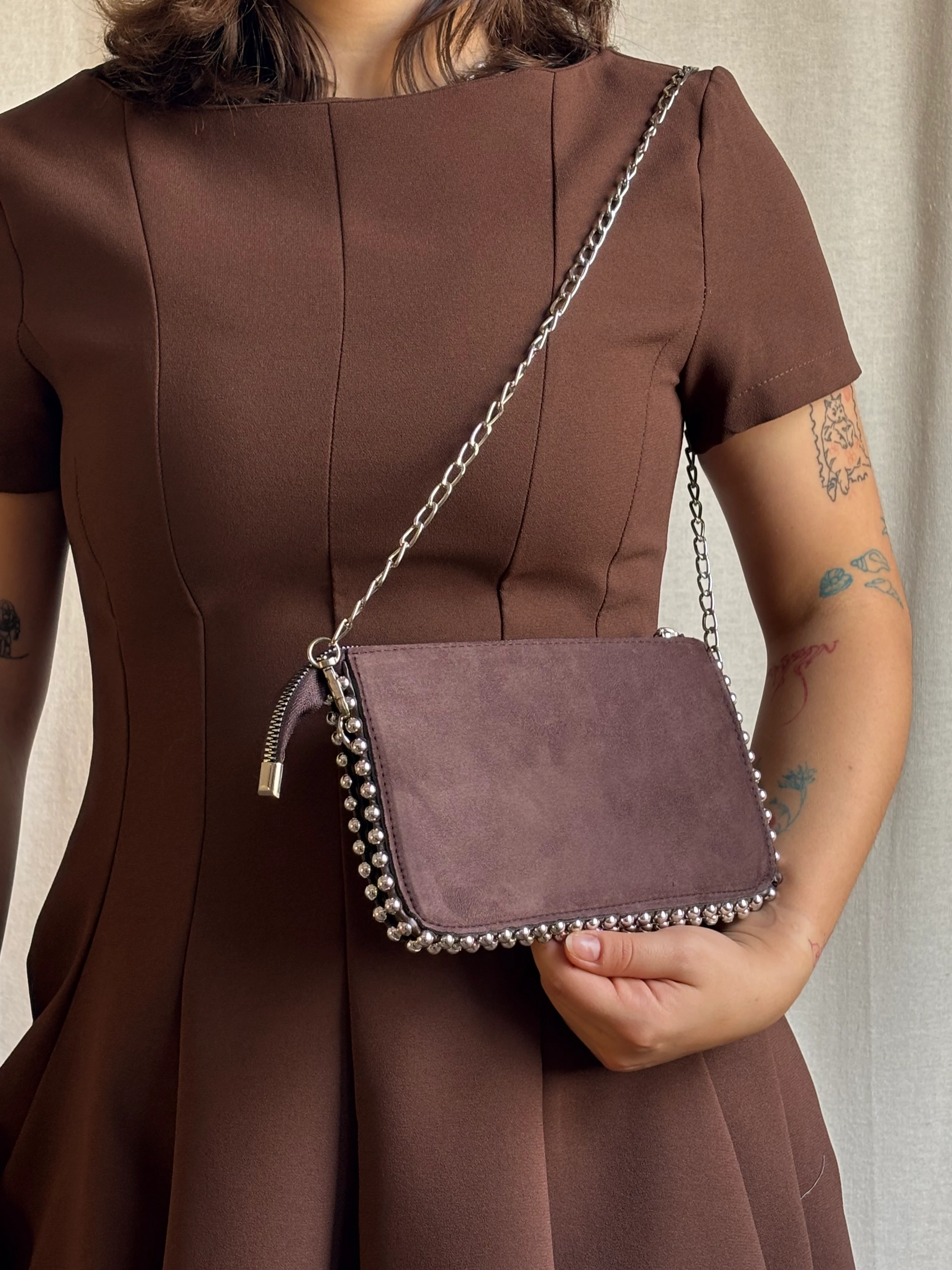 Taşlı Küçük Süet Çanta - Acı Kahve