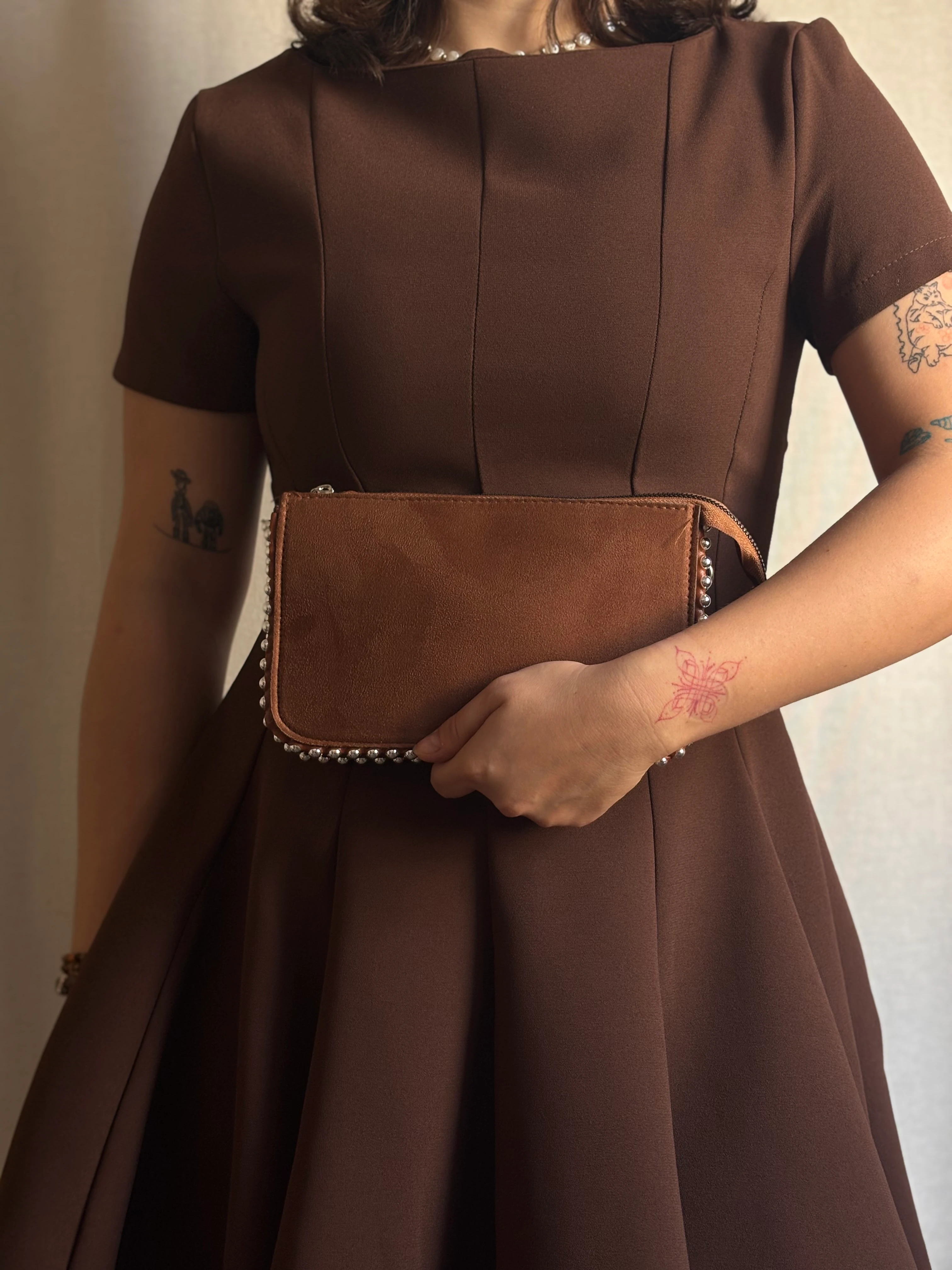 Taşlı Küçük Süet Çanta - Kahverengi