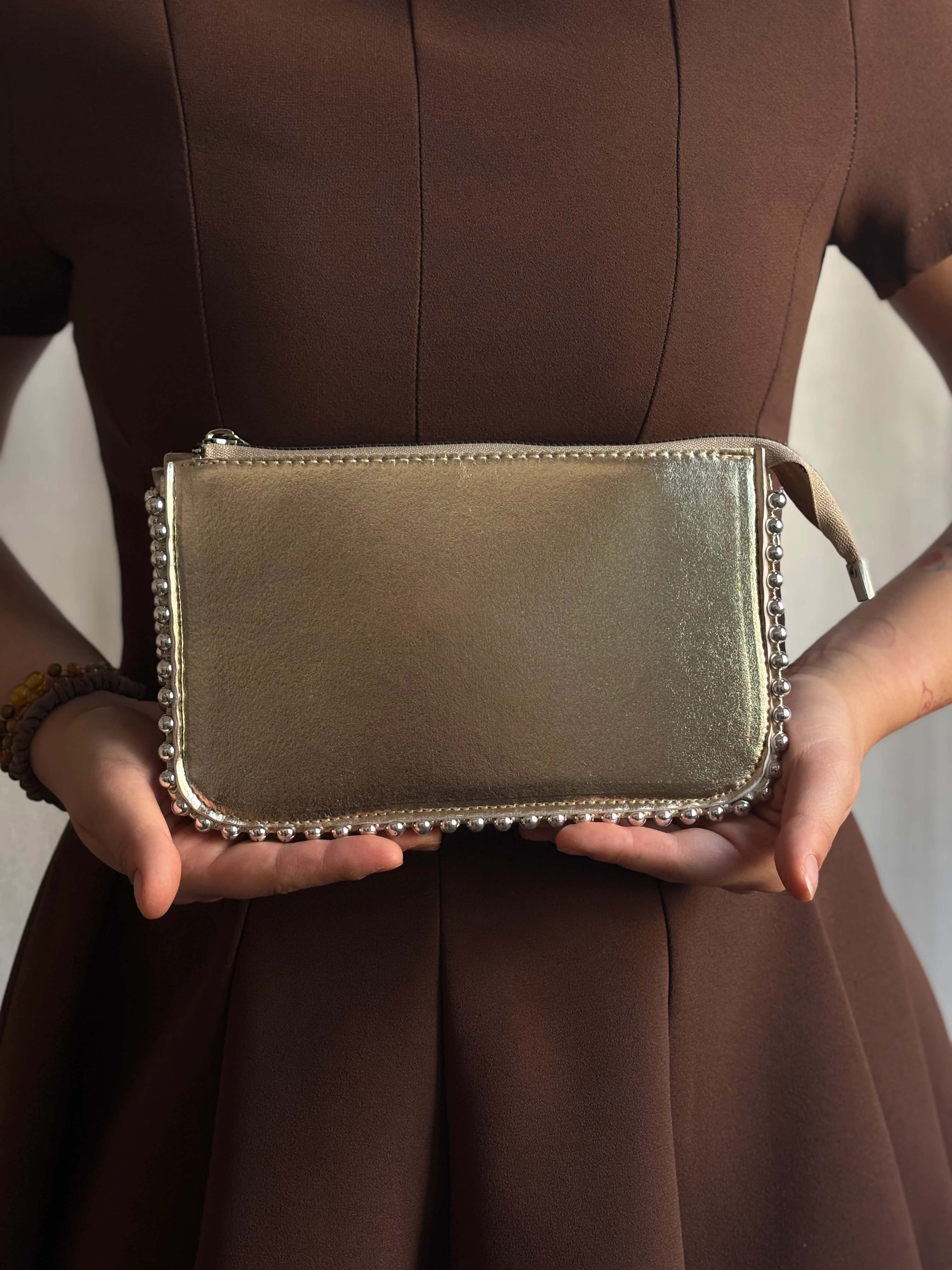 Taşlı Küçük Deri Çanta - Gold