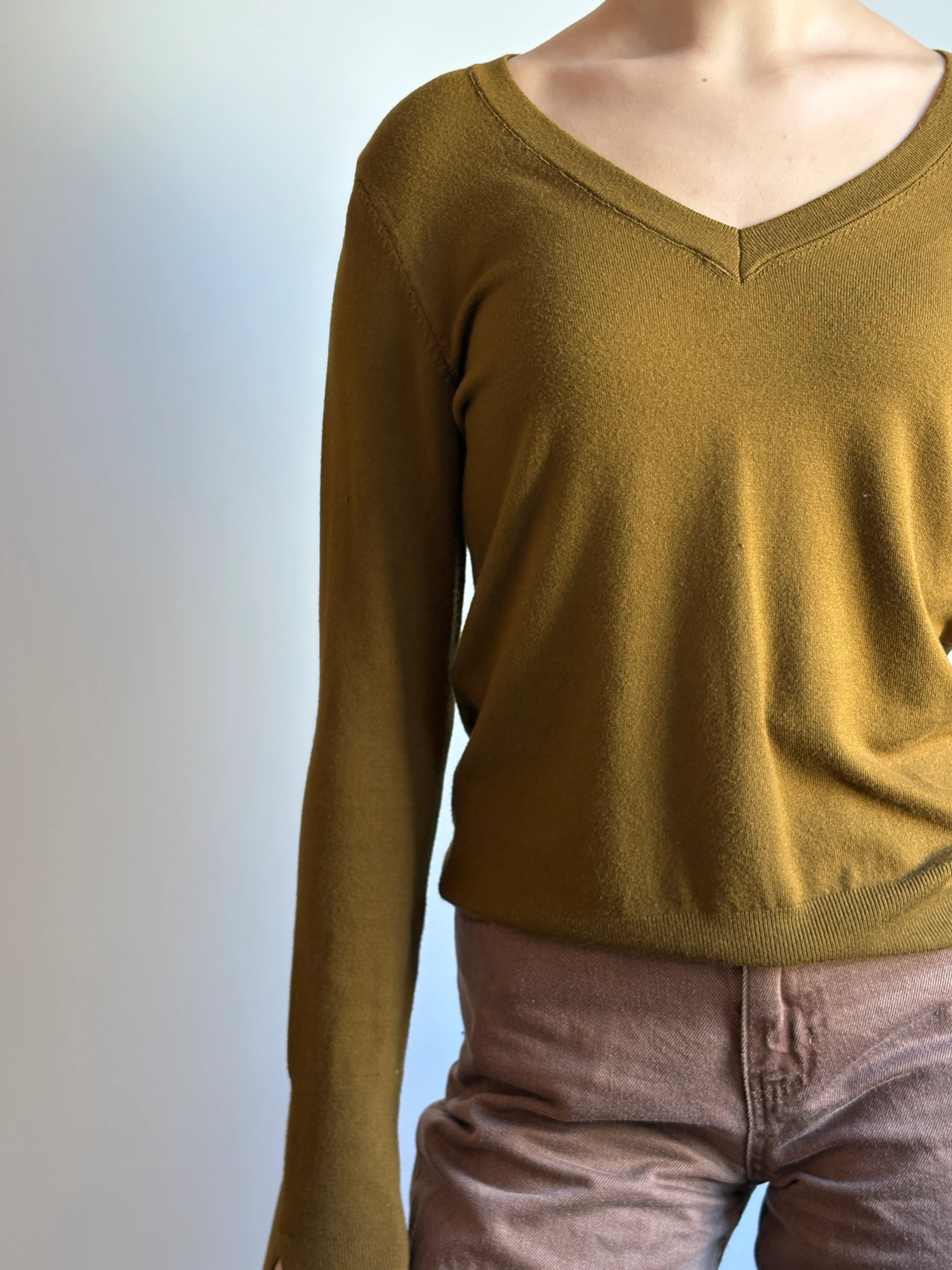 V Yaka Kolu Yırtmaçlı Kazak Yağ Yeşili