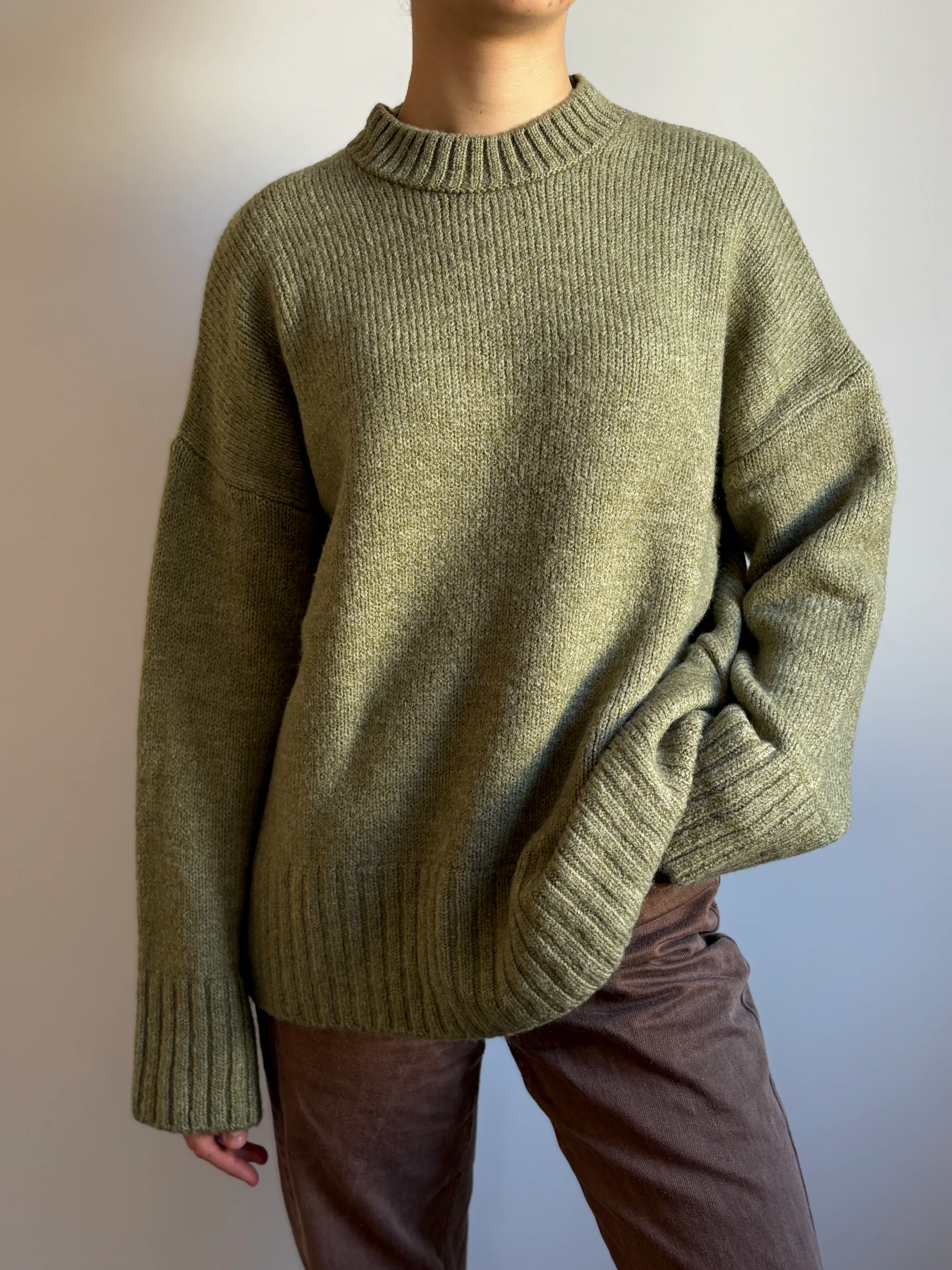 Bisiklet Yaka Oversize Triko Yeşil Kazak