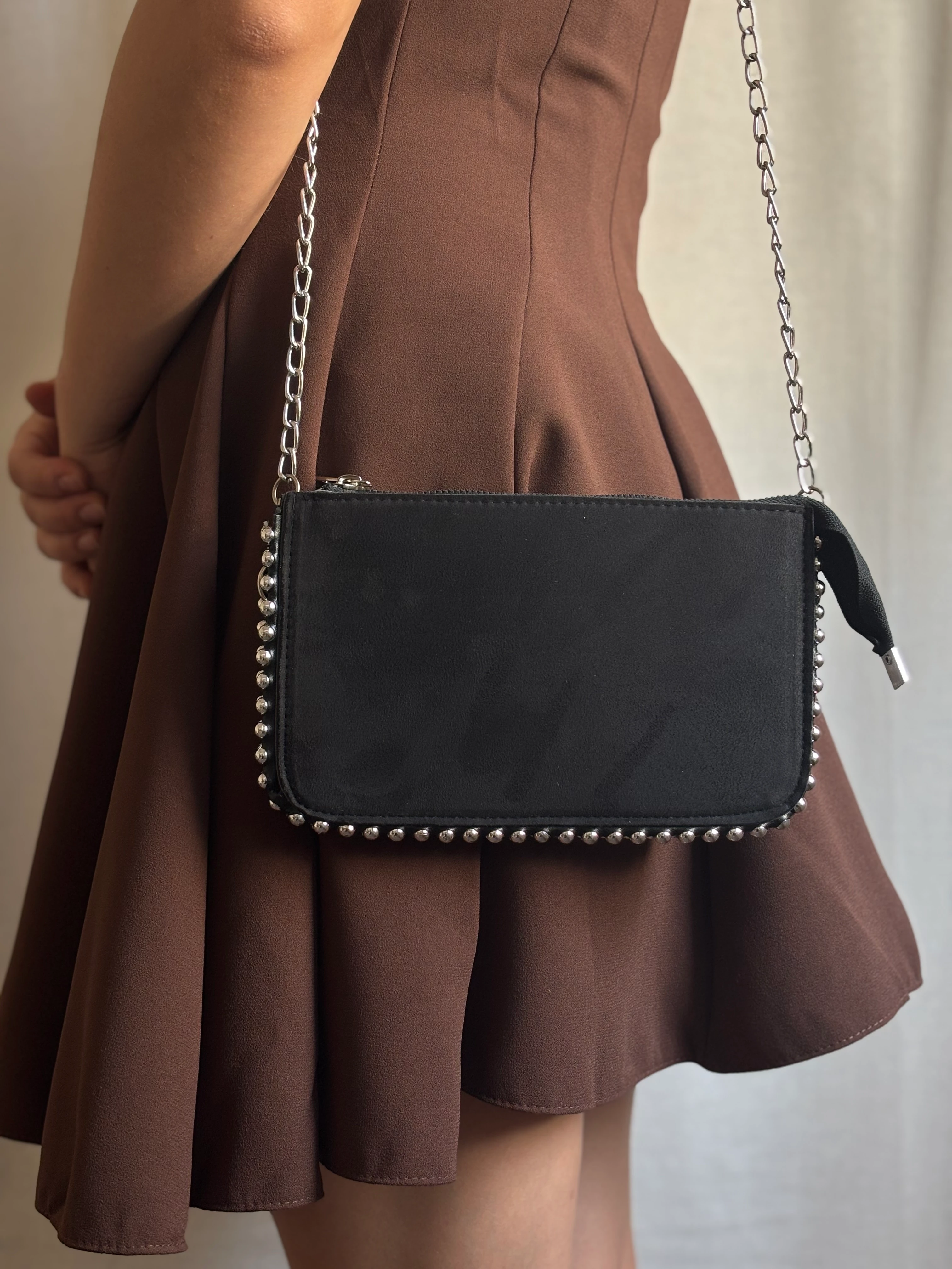 Taşlı Küçük Süet Çanta - Siyah