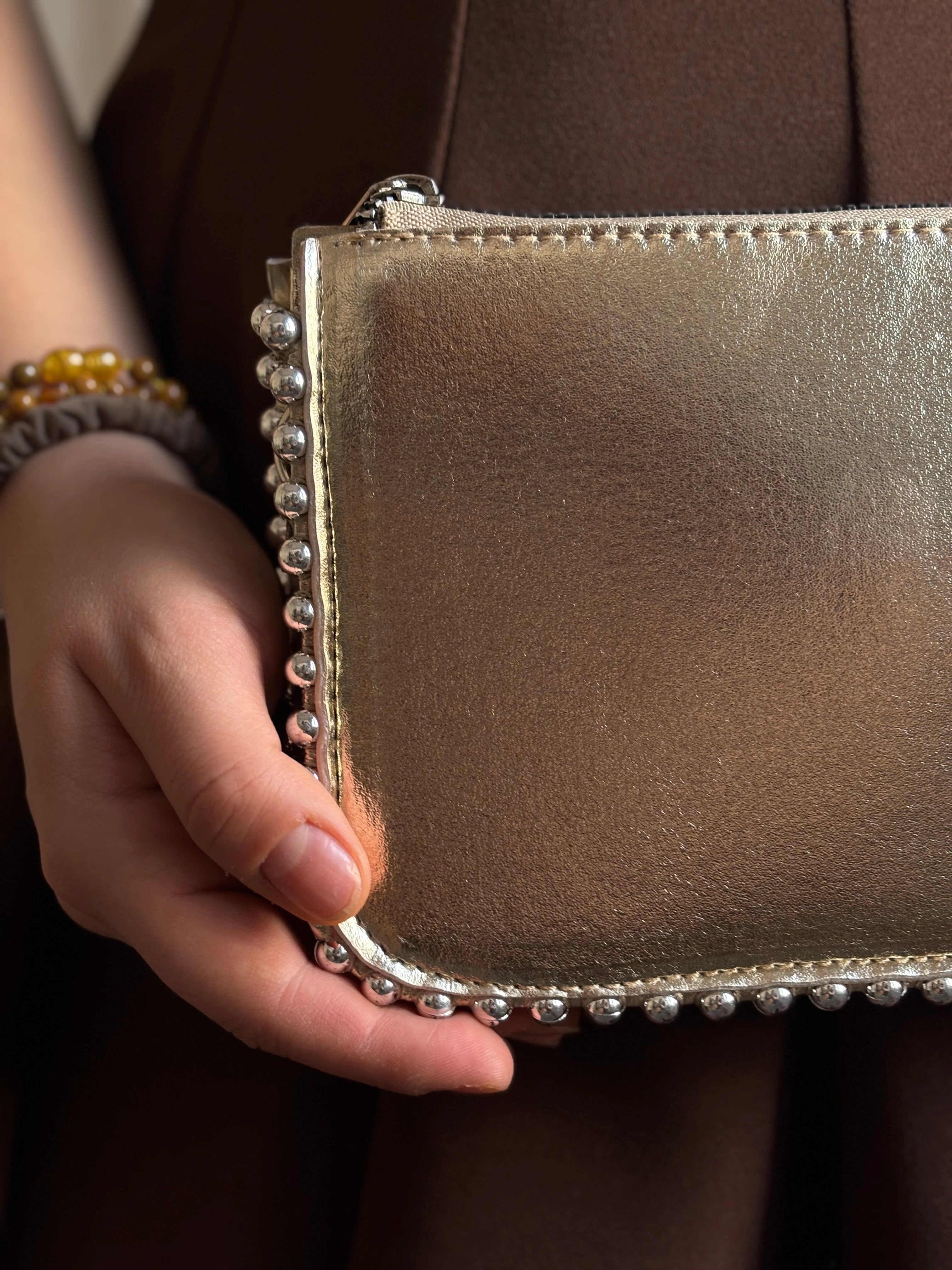 Taşlı Küçük Deri Çanta - Gold