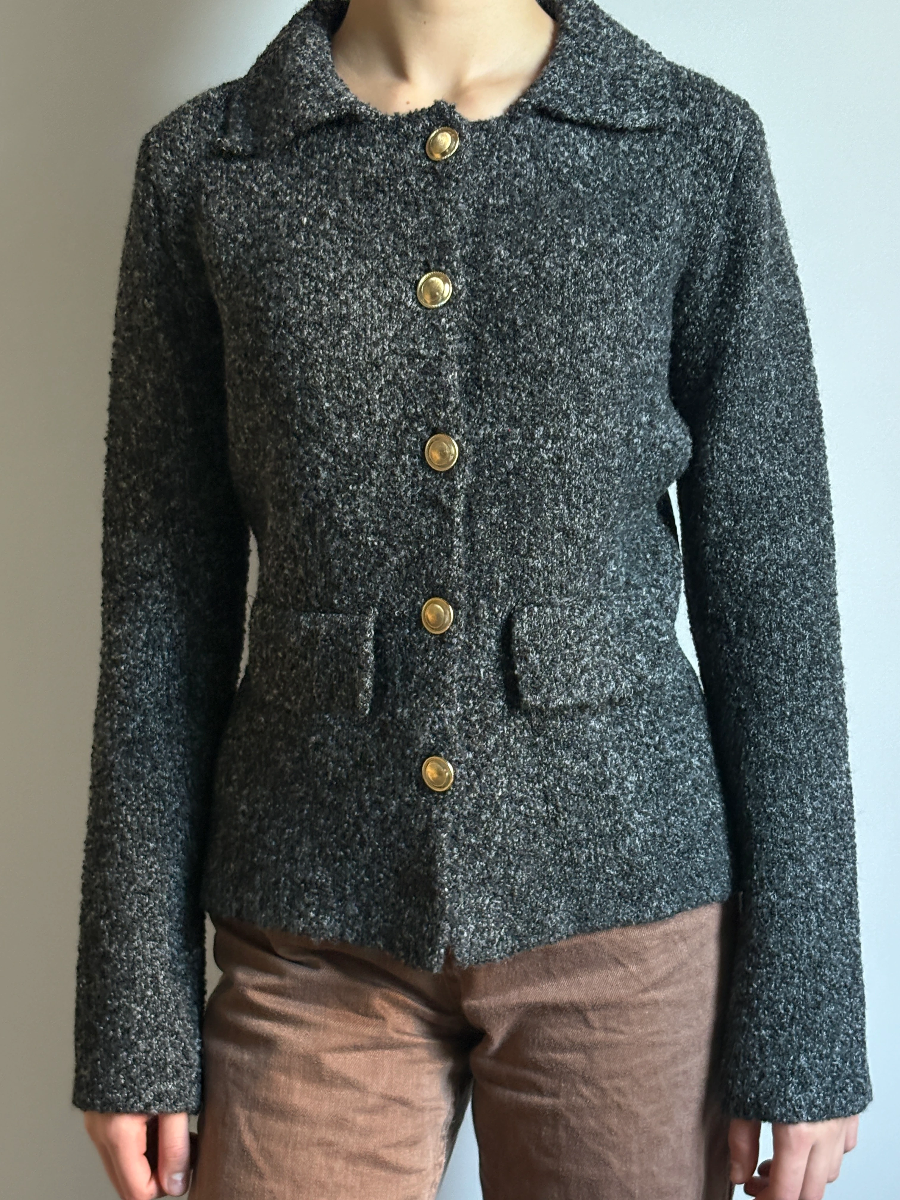 Antrasit Polo Yaka Cep Detaylı Triko Hırka