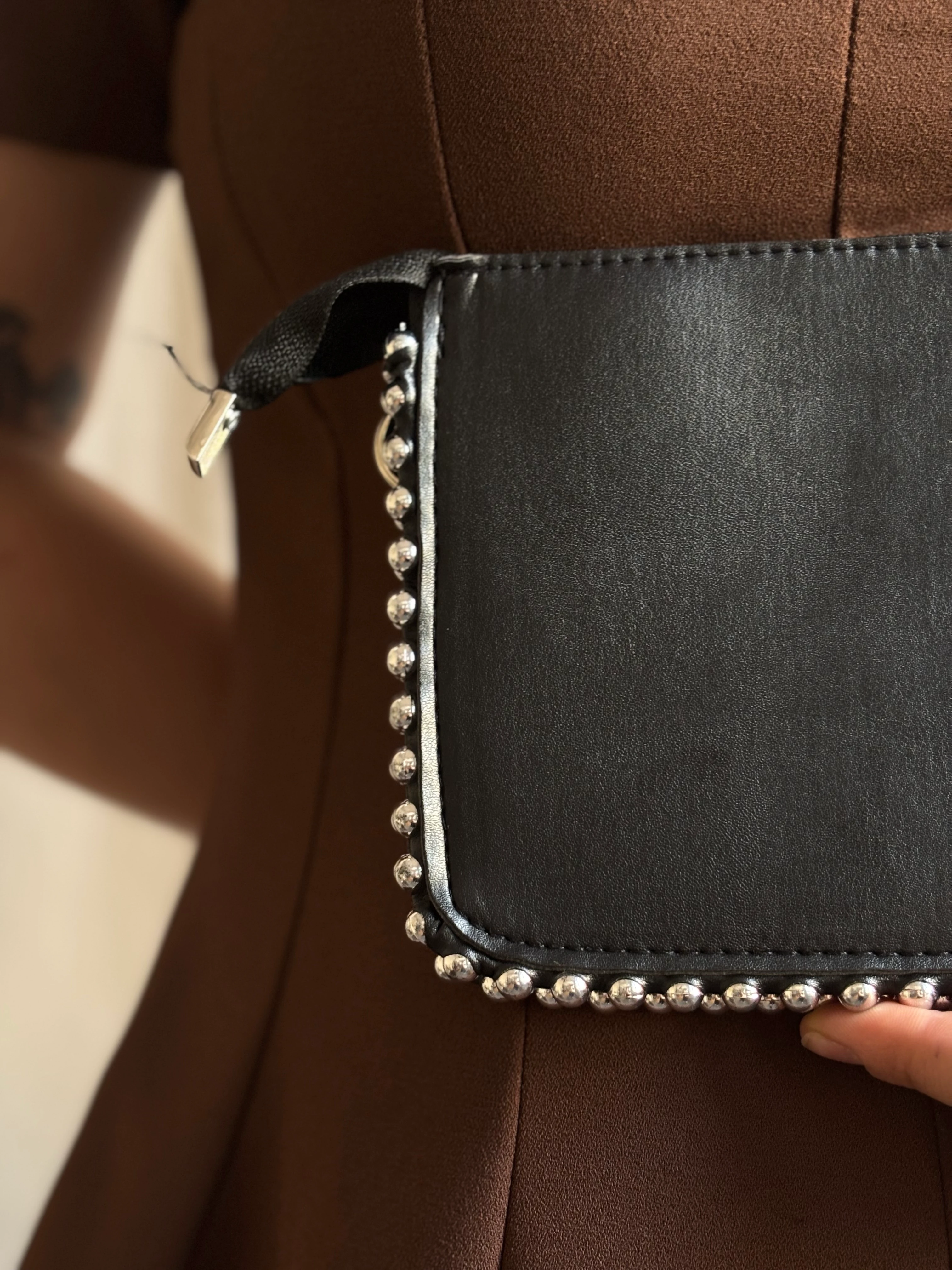 Taşlı Küçük Deri Çanta - Siyah