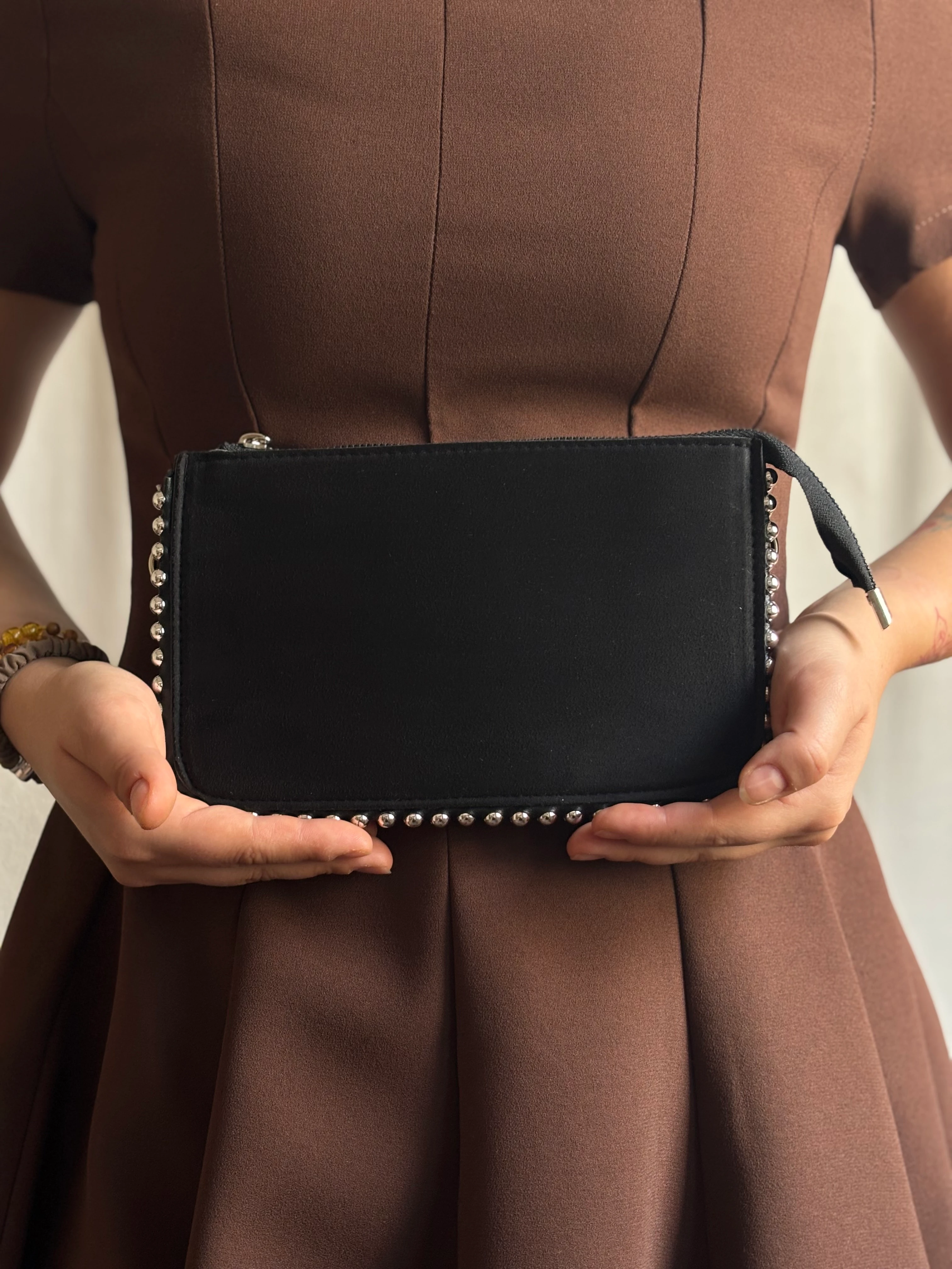 Taşlı Küçük Süet Çanta - Siyah