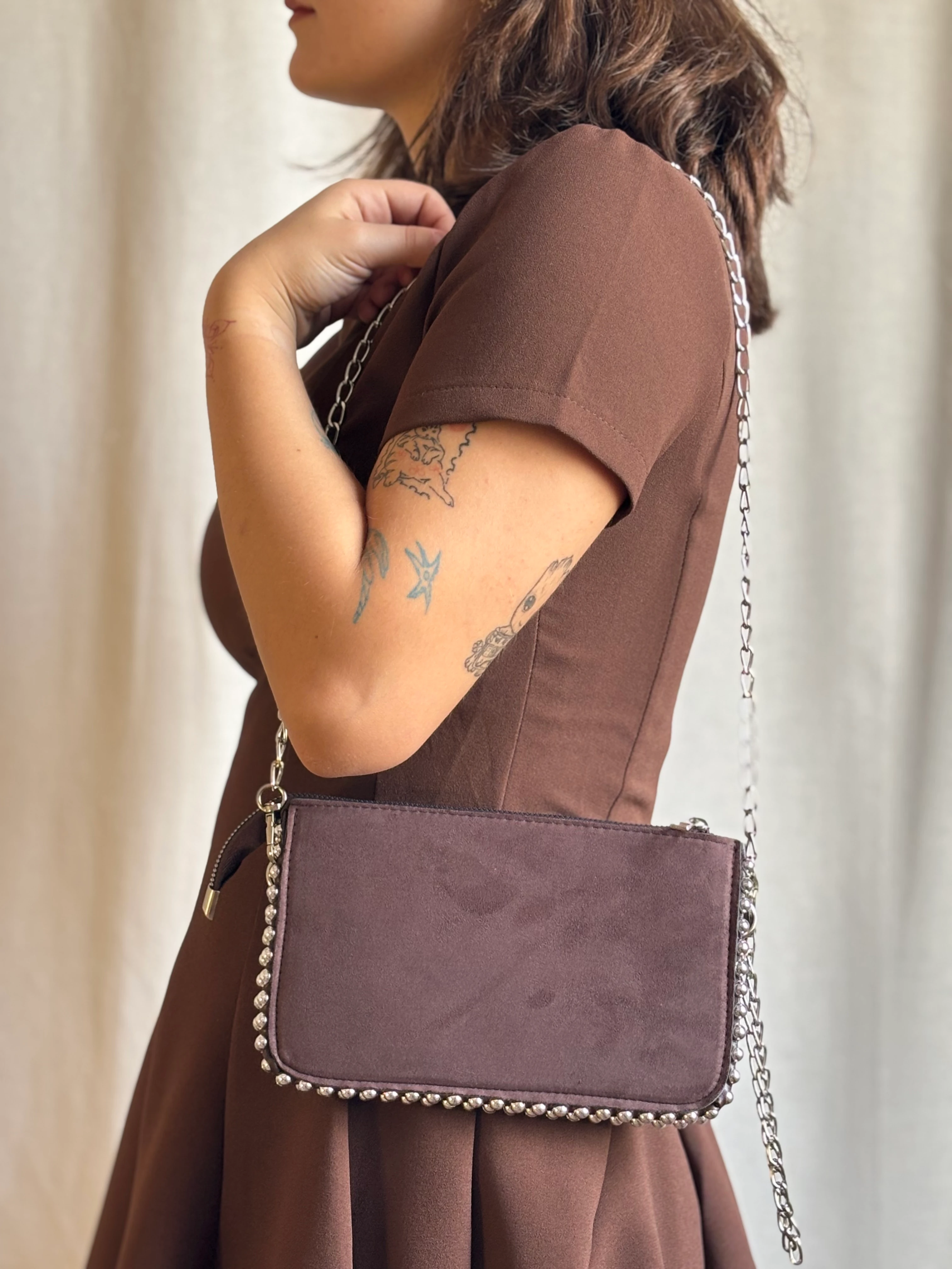 Taşlı Küçük Süet Çanta - Acı Kahve