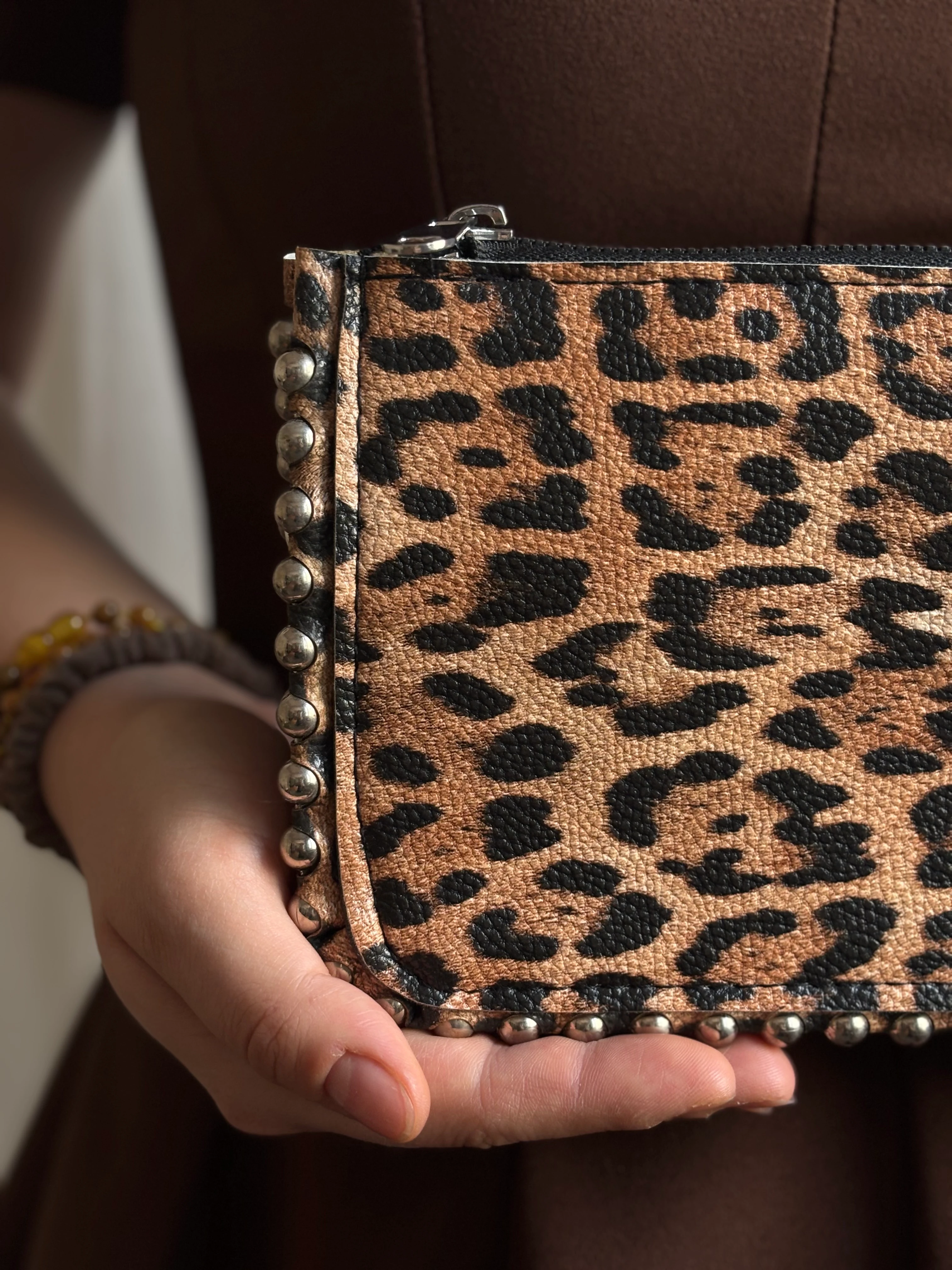 Taşlı Küçük Deri Çanta - Leopar