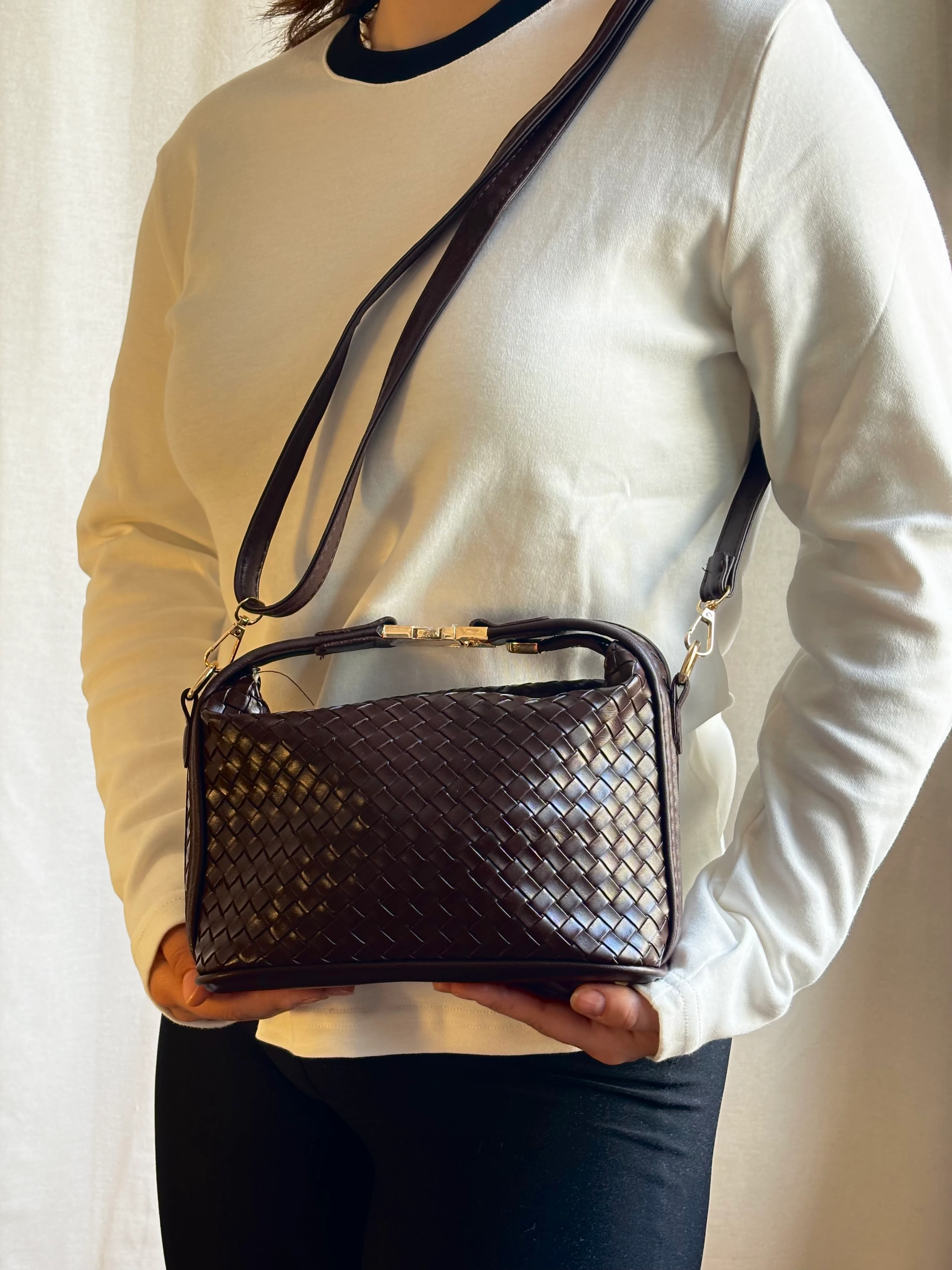 Örgü Desenli Deri Çanta - Kahverengi