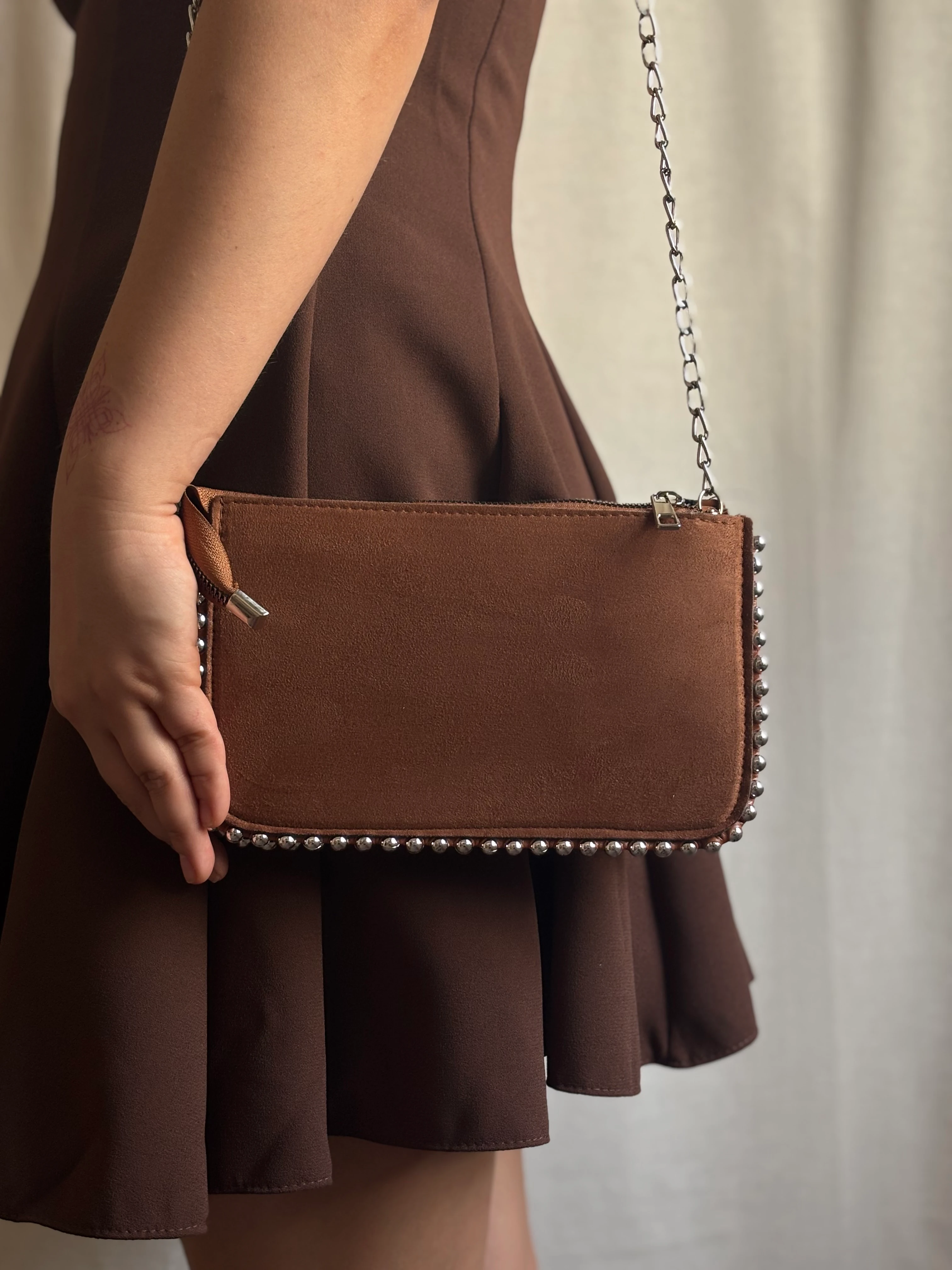 Taşlı Küçük Süet Çanta - Kahverengi