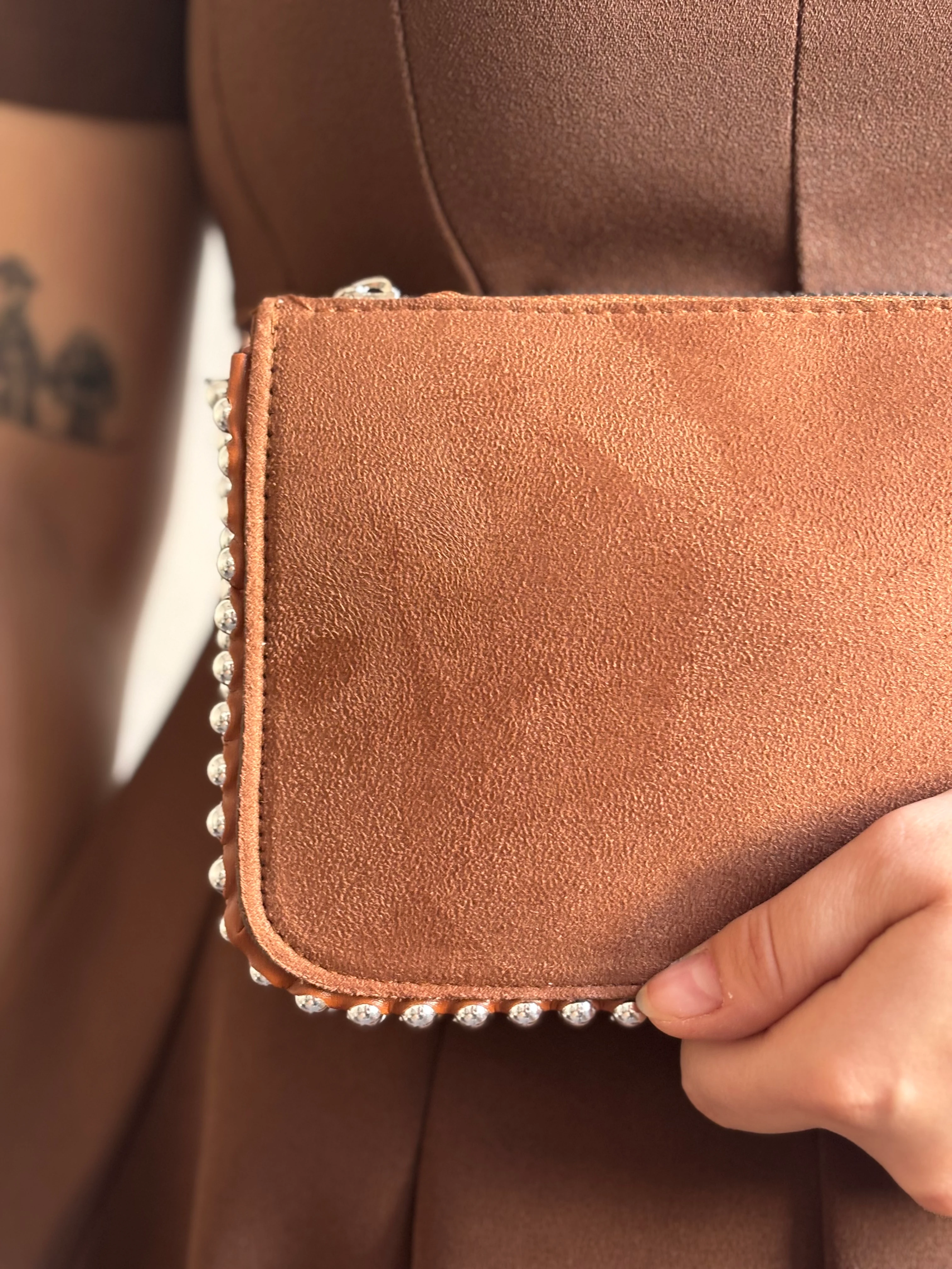 Taşlı Küçük Süet Çanta - Kahverengi
