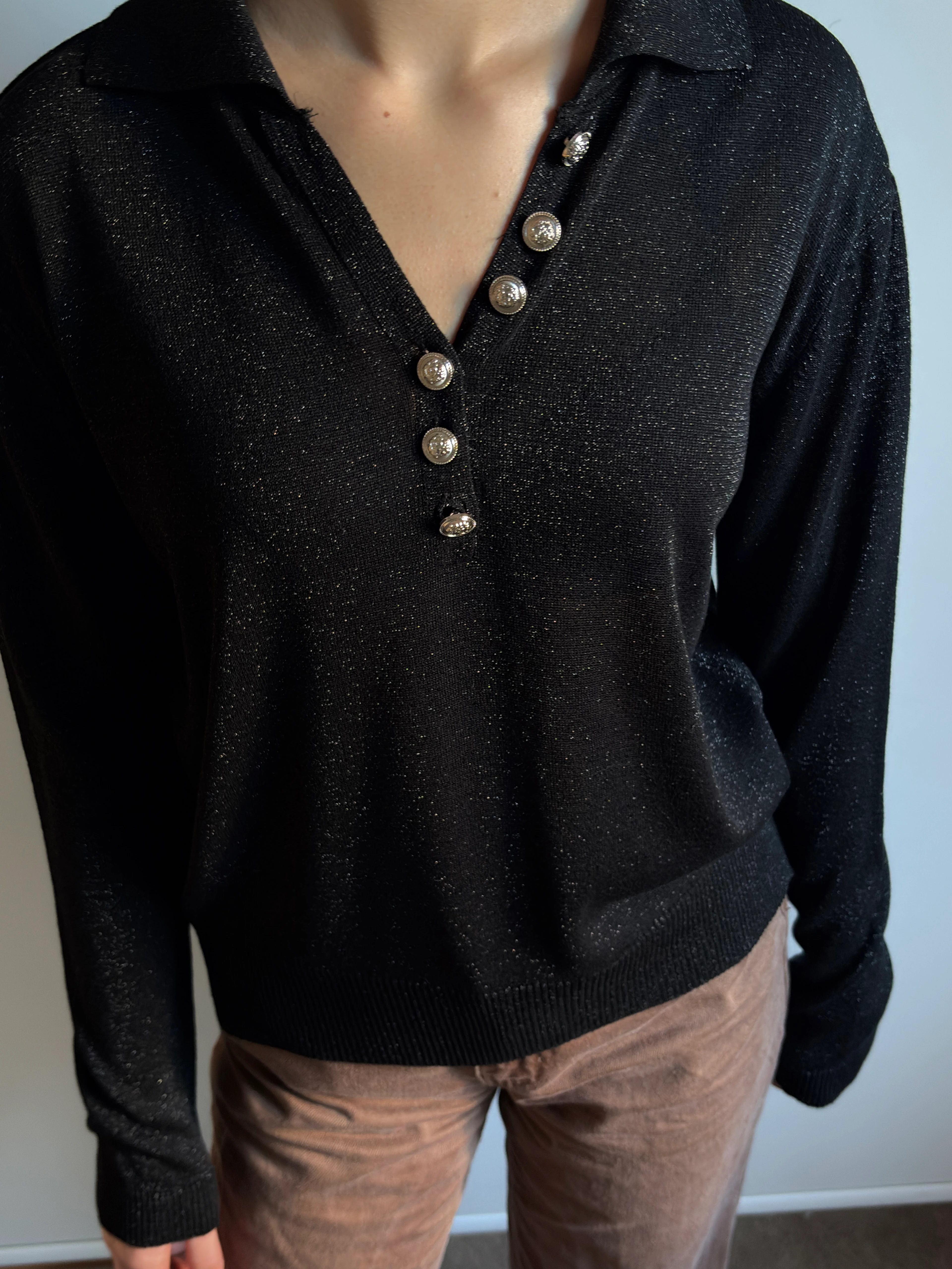 Simli Gold düğmeli bluz